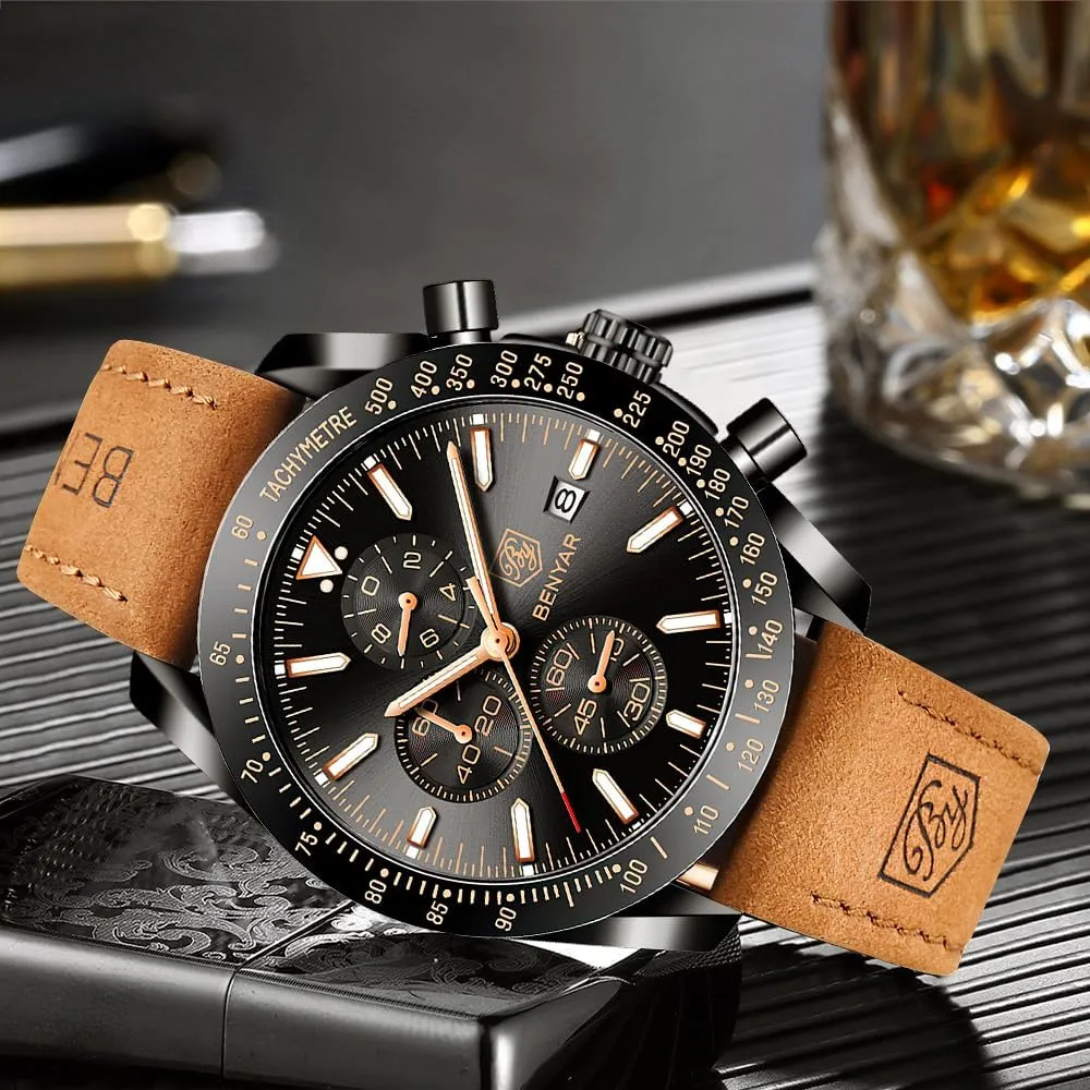 BENYAR Orologio da Uomo Cronografo Analogico al Quarzo BY-5140 Cinturino in Pelle - immagine 4