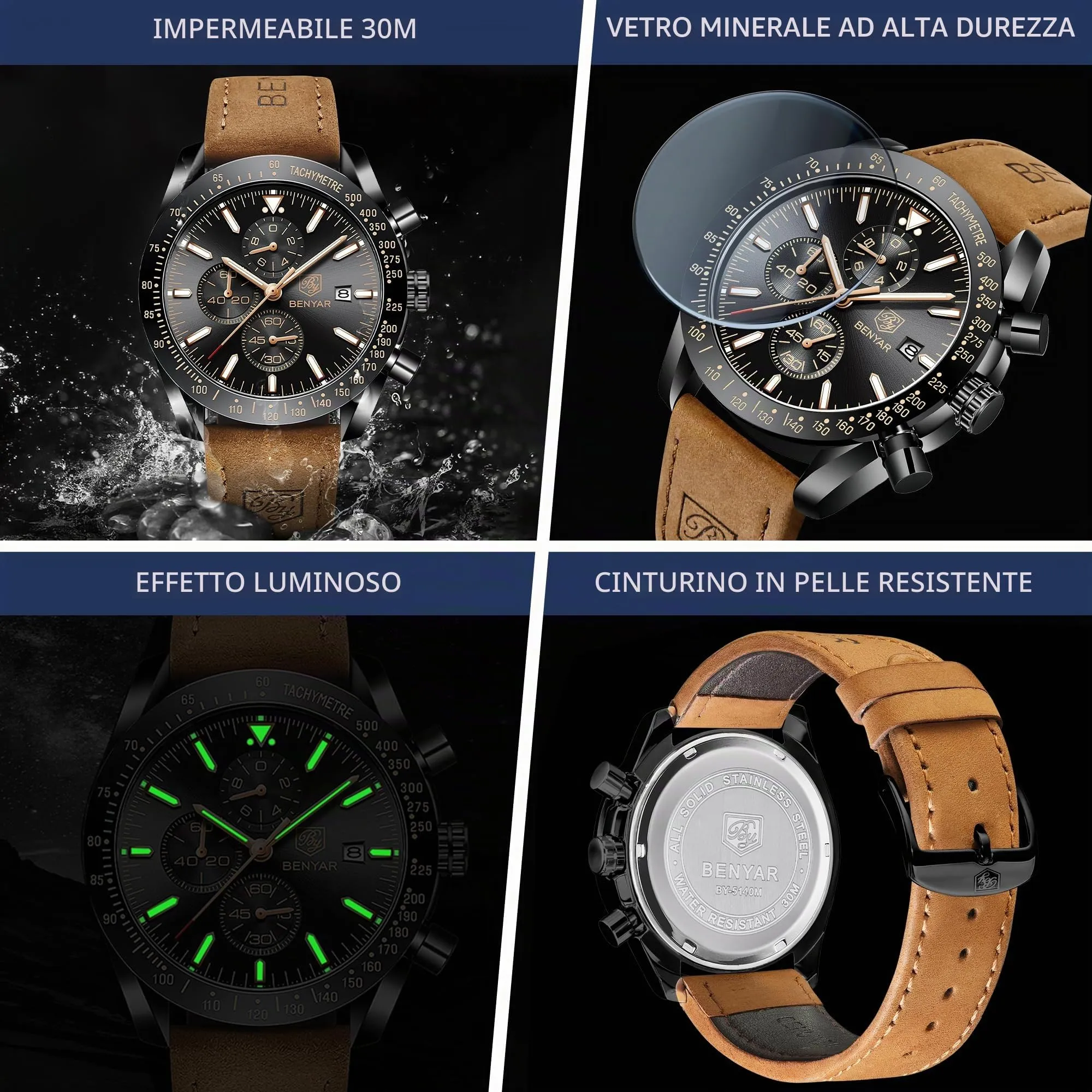 BENYAR Orologio da Uomo Cronografo Analogico al Quarzo BY-5140 Cinturino in Pelle - immagine 5