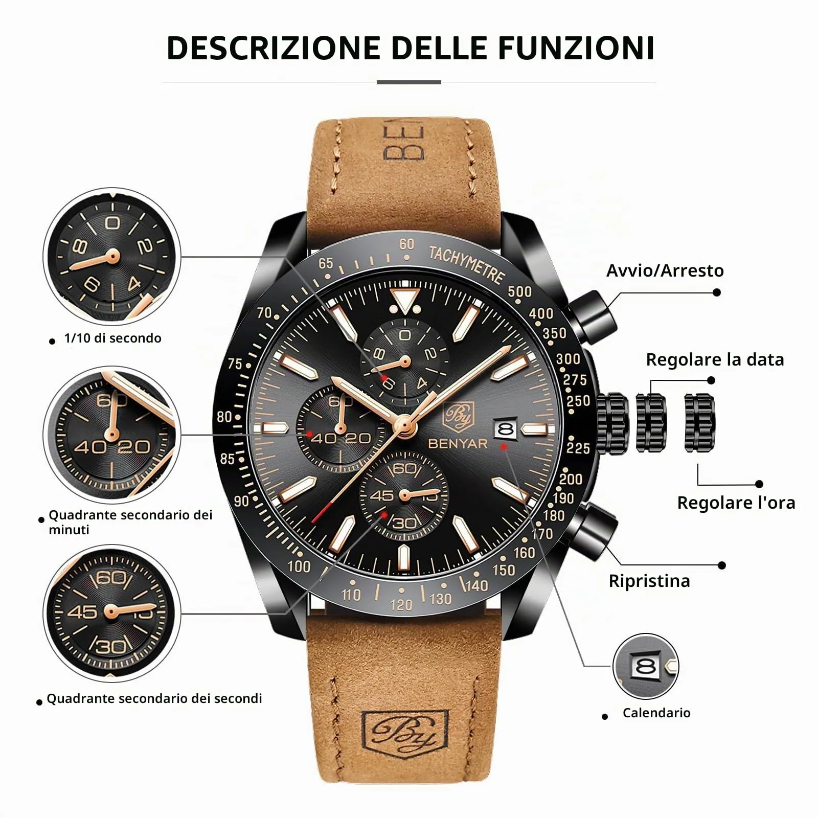 BENYAR Orologio da Uomo Cronografo Analogico al Quarzo BY-5140 Cinturino in Pelle - immagine 7