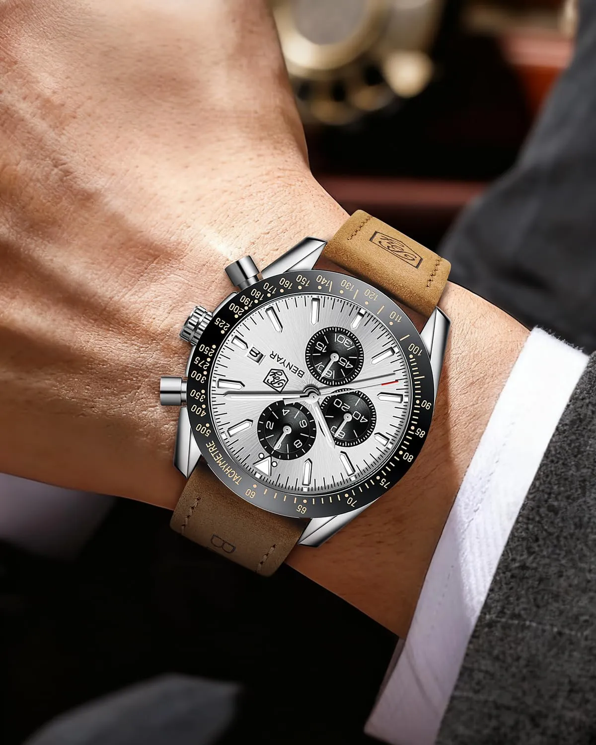Benyar BY-5140 Orologio da Uomo Cronografo Analogico al Quarzo Impermeabile con Cinturino in Pelle - immagine 3