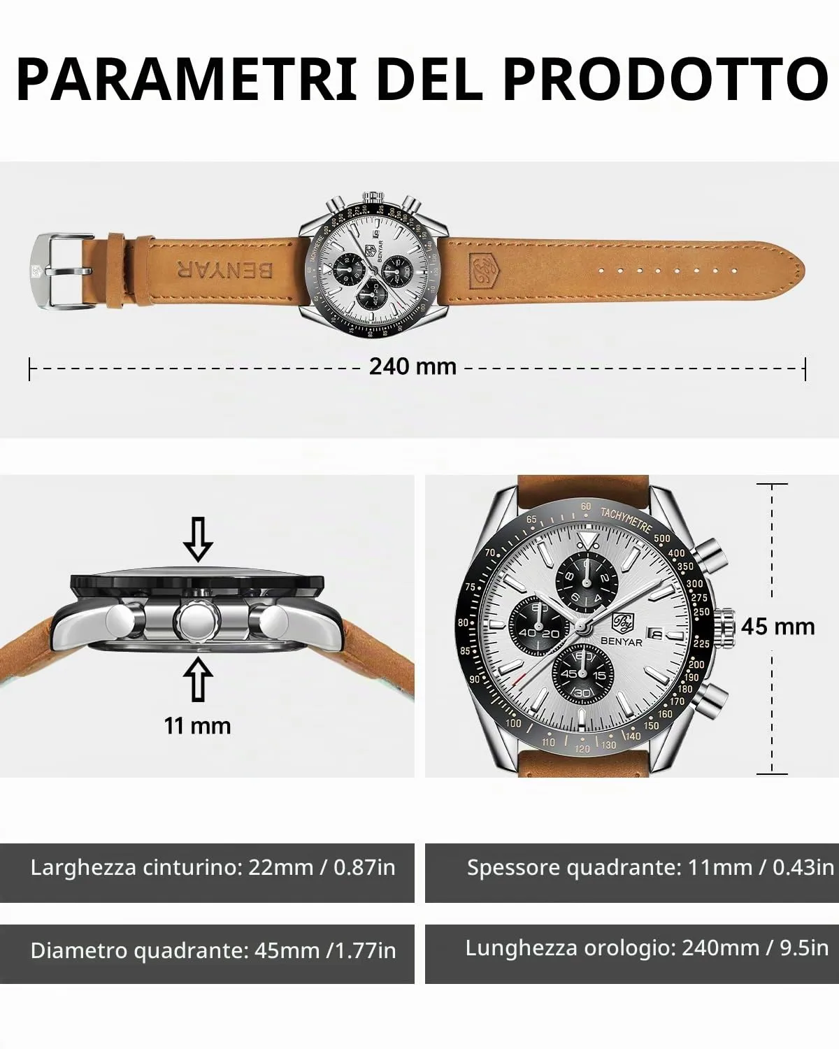 Benyar BY-5140 Orologio da Uomo Cronografo Analogico al Quarzo Impermeabile con Cinturino in Pelle - immagine 6