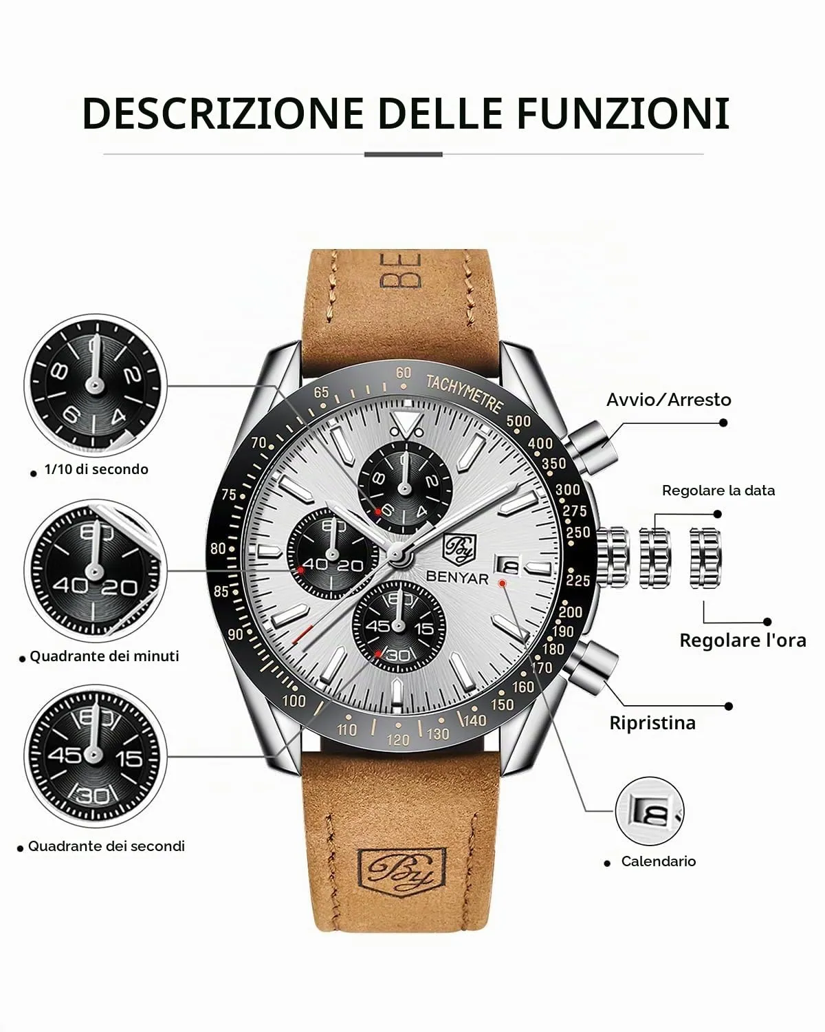 Benyar BY-5140 Orologio da Uomo Cronografo Analogico al Quarzo Impermeabile con Cinturino in Pelle - immagine 7