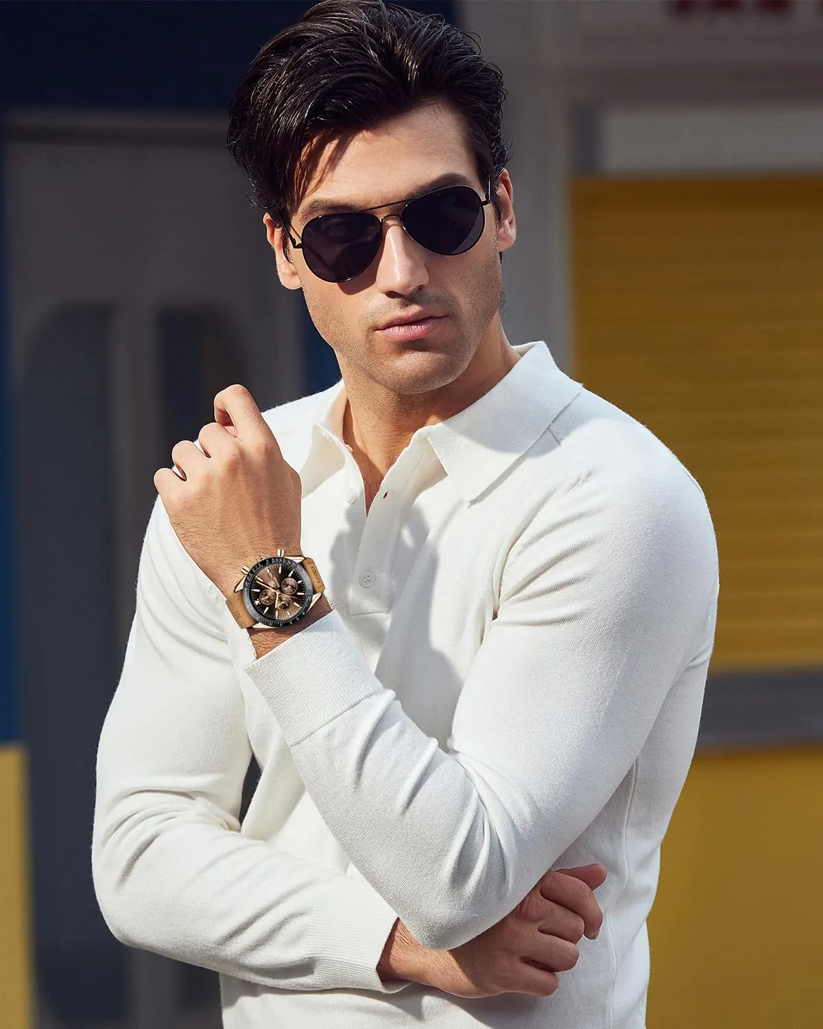 Benyar BY-5140 Orologio da Uomo Cronografo Analogico al Quarzo Cinturino in Pelle Marrone Oro - immagine 2