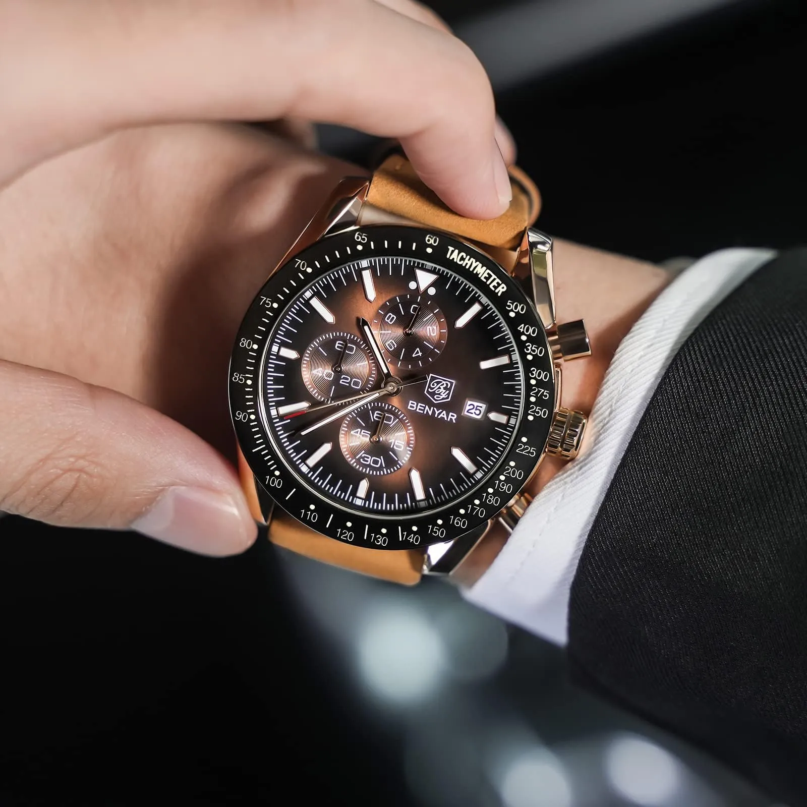 Benyar BY-5140 Orologio da Uomo Cronografo Analogico al Quarzo Cinturino in Pelle Marrone Oro - immagine 3