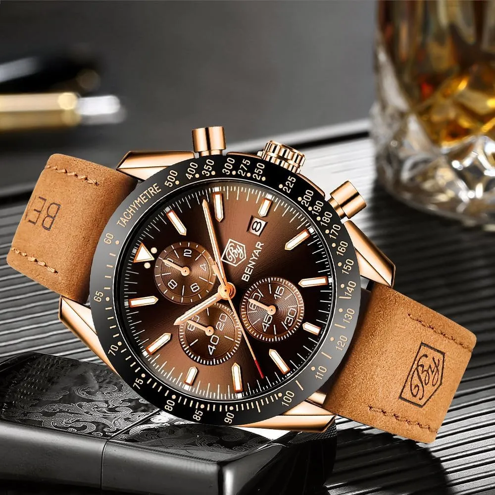 Benyar BY-5140 Orologio da Uomo Cronografo Analogico al Quarzo Cinturino in Pelle Marrone Oro - immagine 4