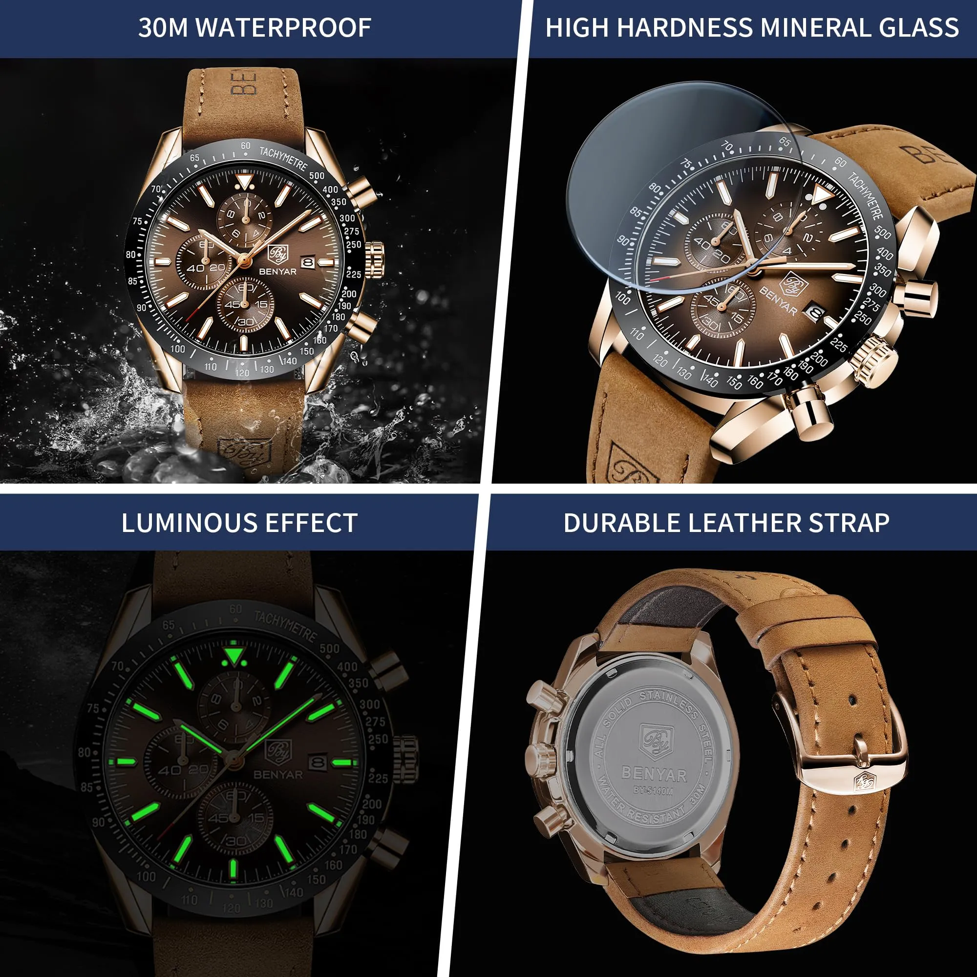 Benyar BY-5140 Orologio da Uomo Cronografo Analogico al Quarzo Cinturino in Pelle Marrone Oro - immagine 5