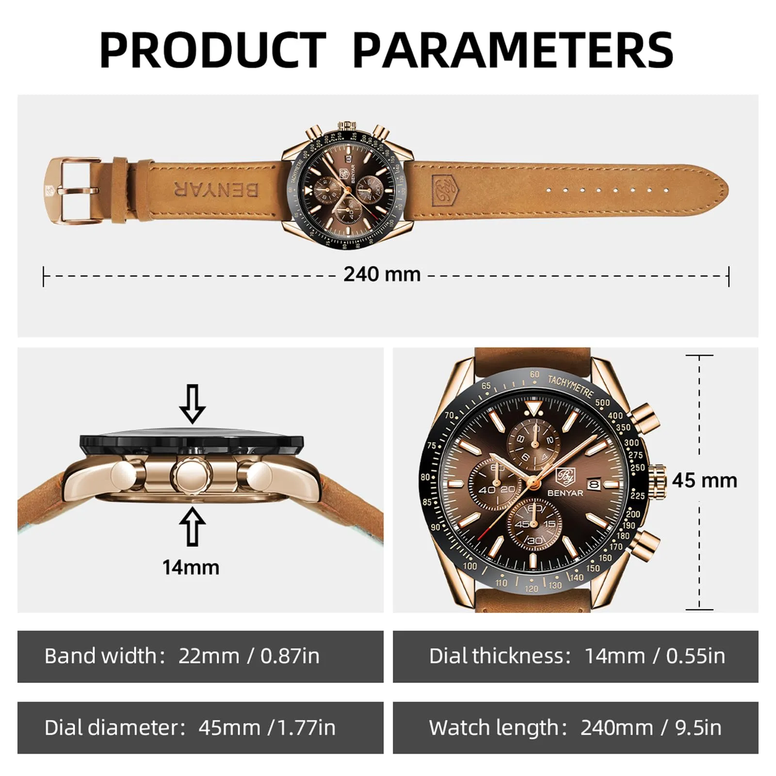 Benyar BY-5140 Orologio da Uomo Cronografo Analogico al Quarzo Cinturino in Pelle Marrone Oro - immagine 6