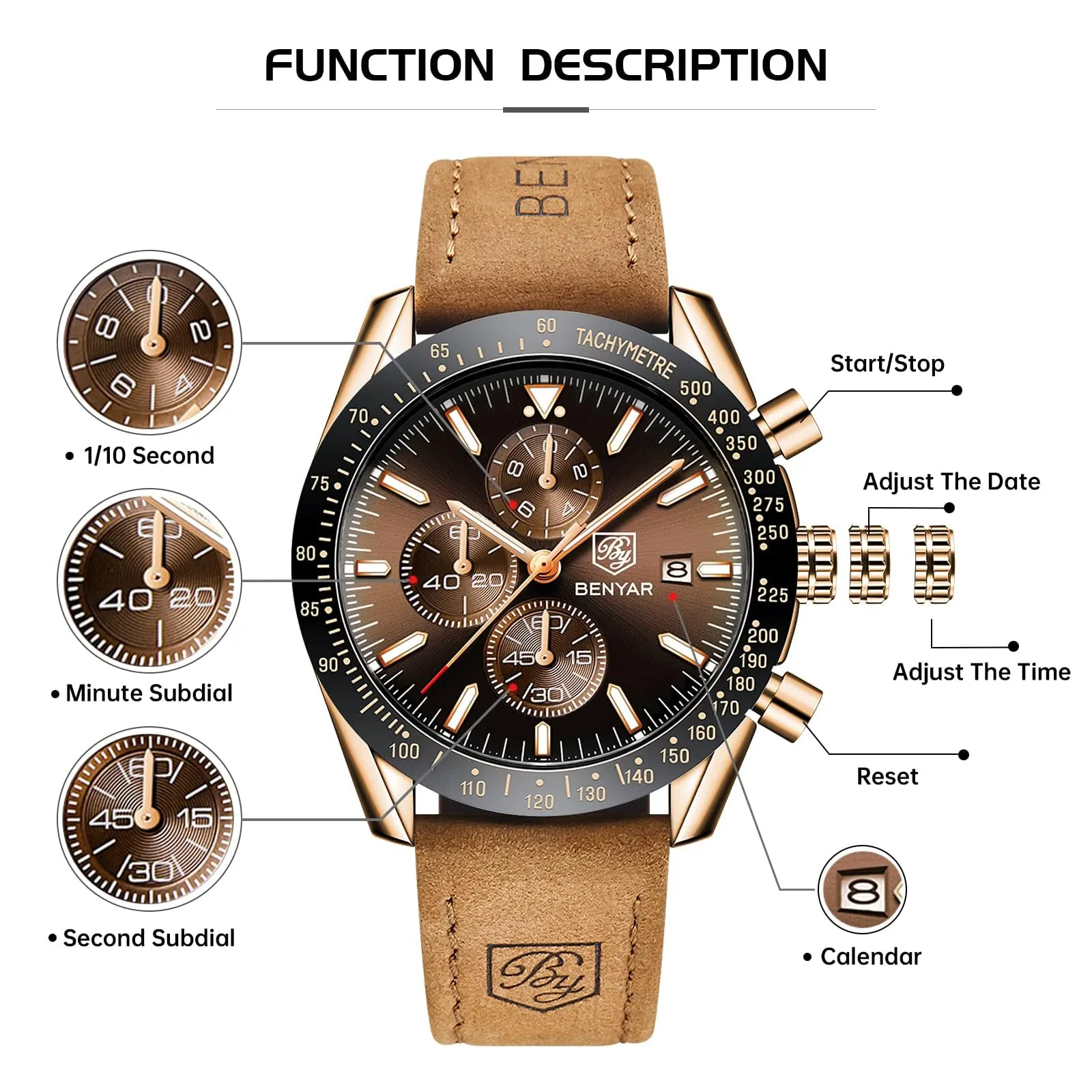 Benyar BY-5140 Orologio da Uomo Cronografo Analogico al Quarzo Cinturino in Pelle Marrone Oro - immagine 7