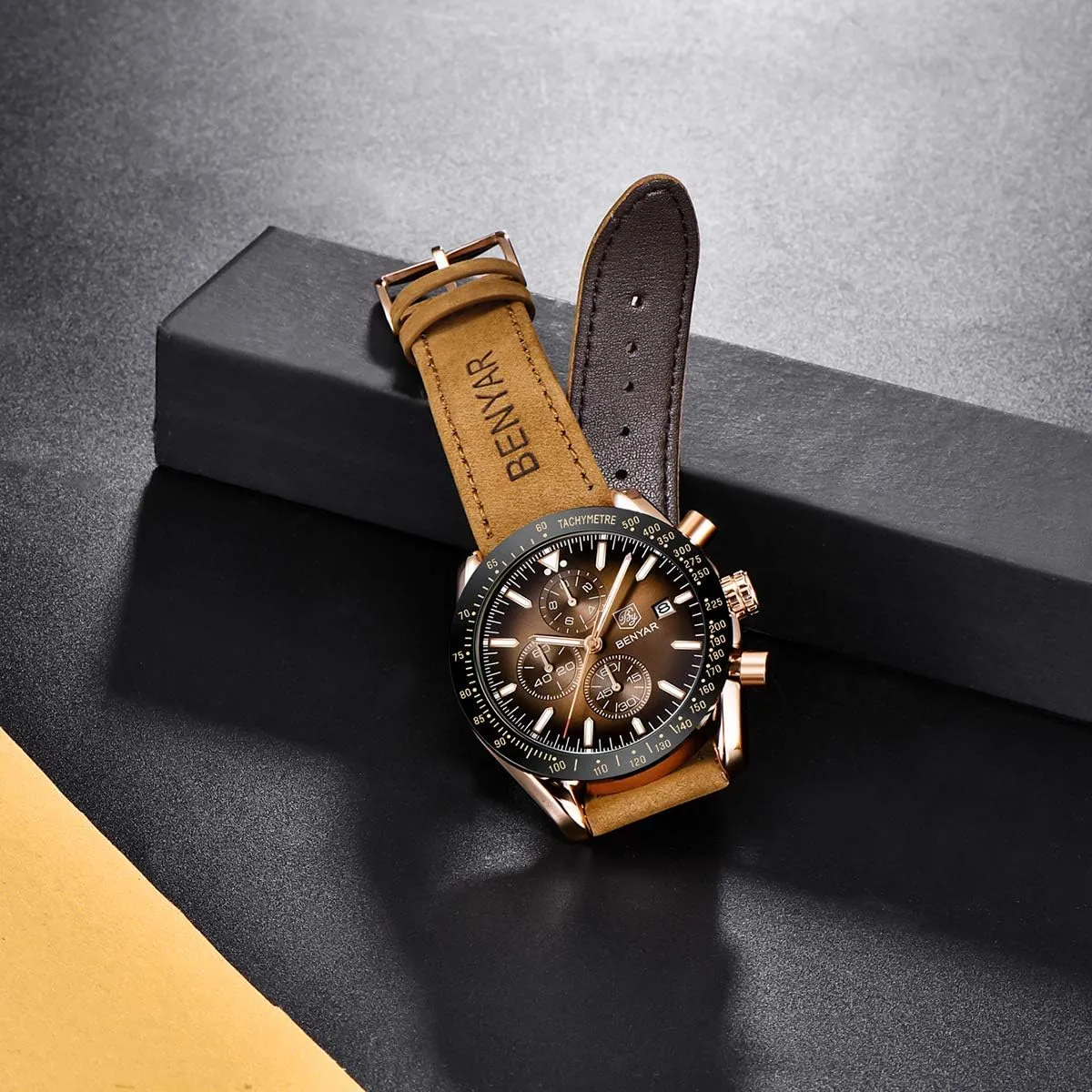 Benyar BY-5140 Orologio da Uomo Cronografo Analogico al Quarzo Cinturino in Pelle Marrone Oro - immagine 8