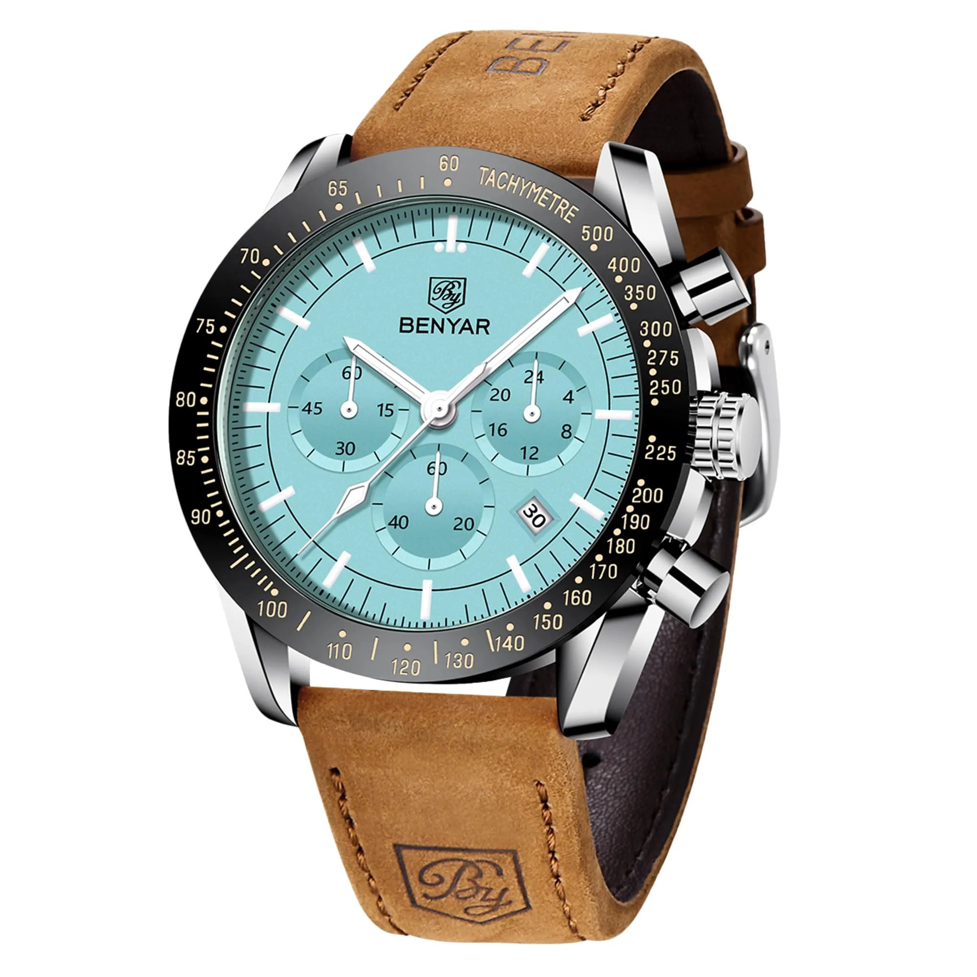 Benyar Orologio da Uomo Cronografo Analogico al Quarzo con Cinturino in Pelle, Impermeabile 30m, Azzurro - immagine 1