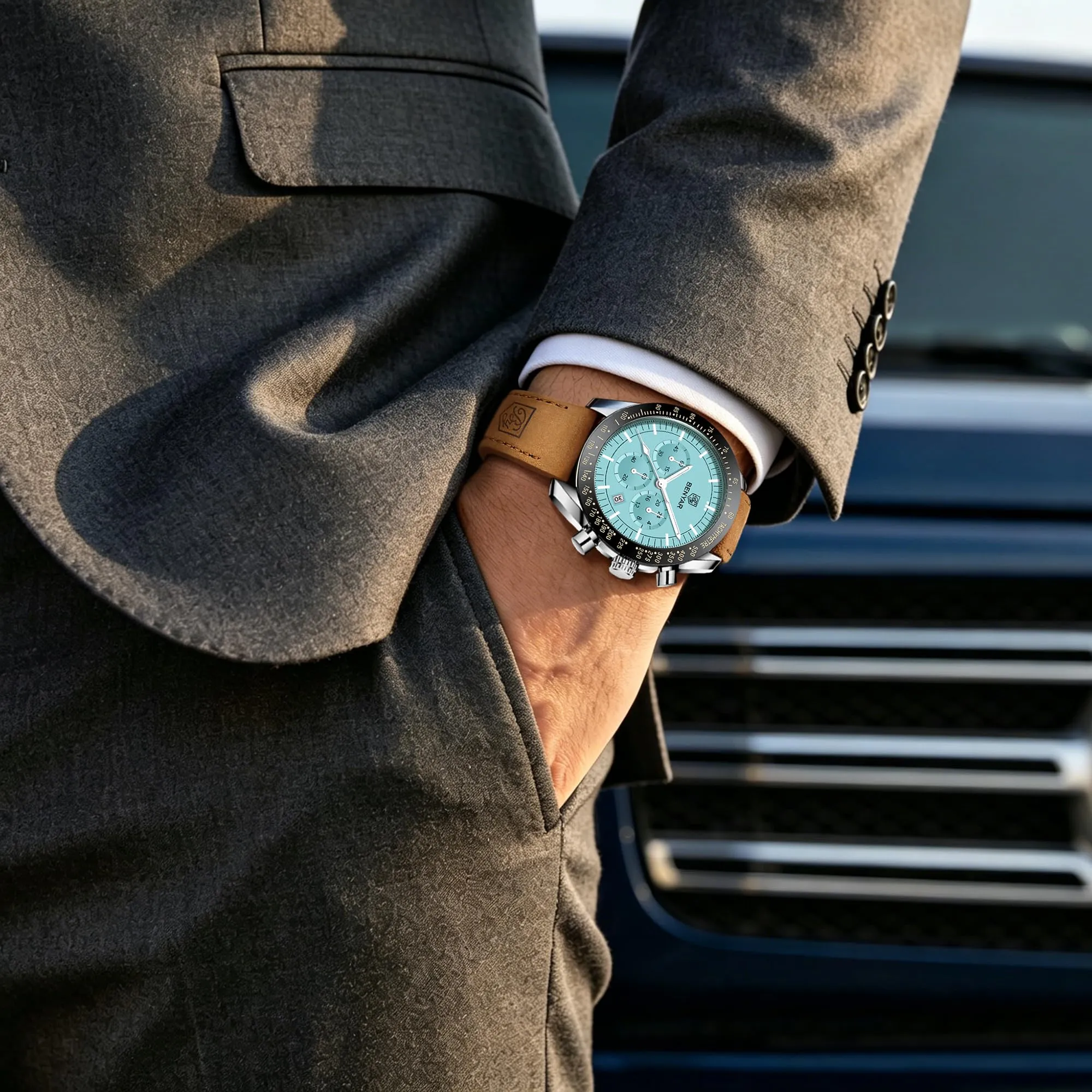 Benyar Orologio da Uomo Cronografo Analogico al Quarzo con Cinturino in Pelle, Impermeabile 30m, Azzurro - immagine 2