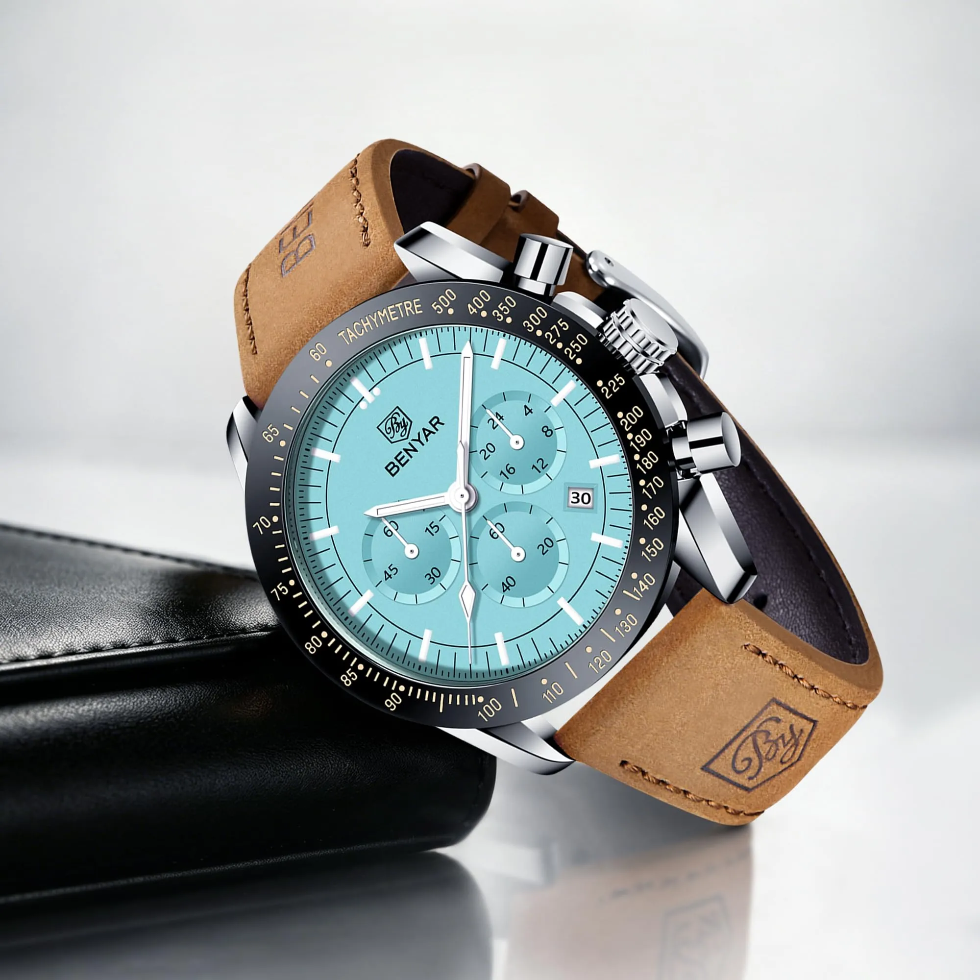 Benyar Orologio da Uomo Cronografo Analogico al Quarzo con Cinturino in Pelle, Impermeabile 30m, Azzurro - immagine 3