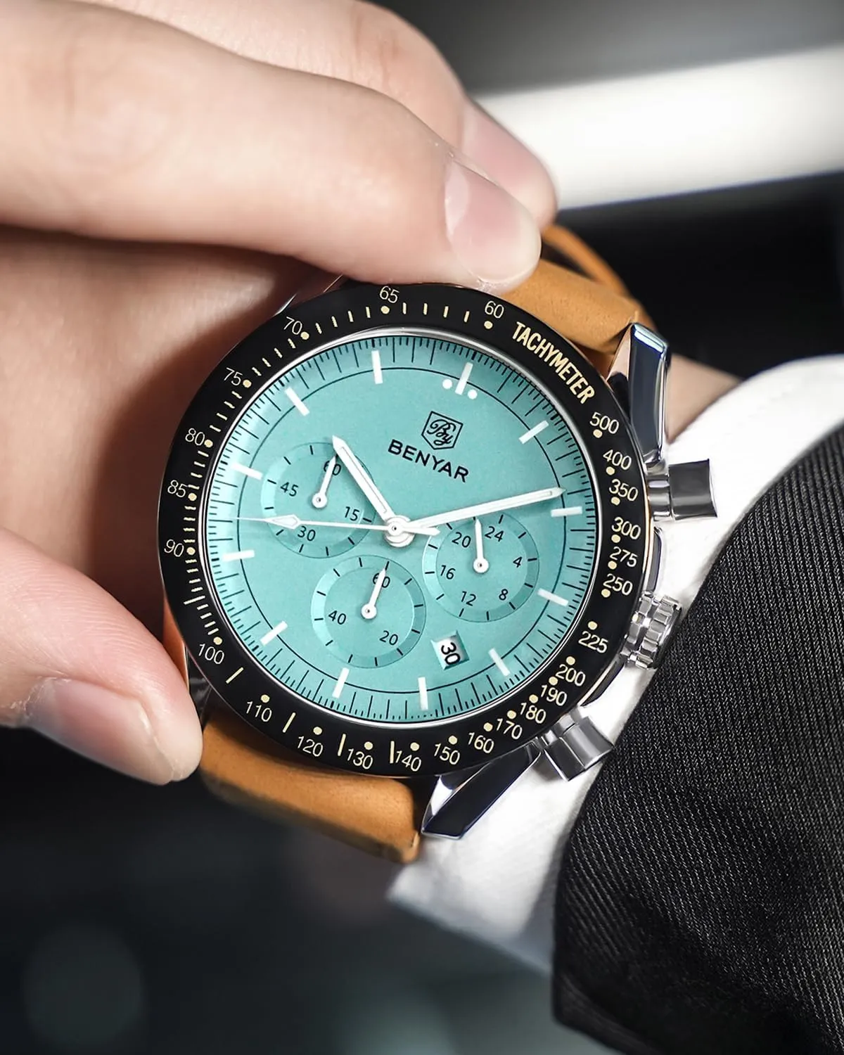 Benyar Orologio da Uomo Cronografo Analogico al Quarzo con Cinturino in Pelle, Impermeabile 30m, Azzurro - immagine 4