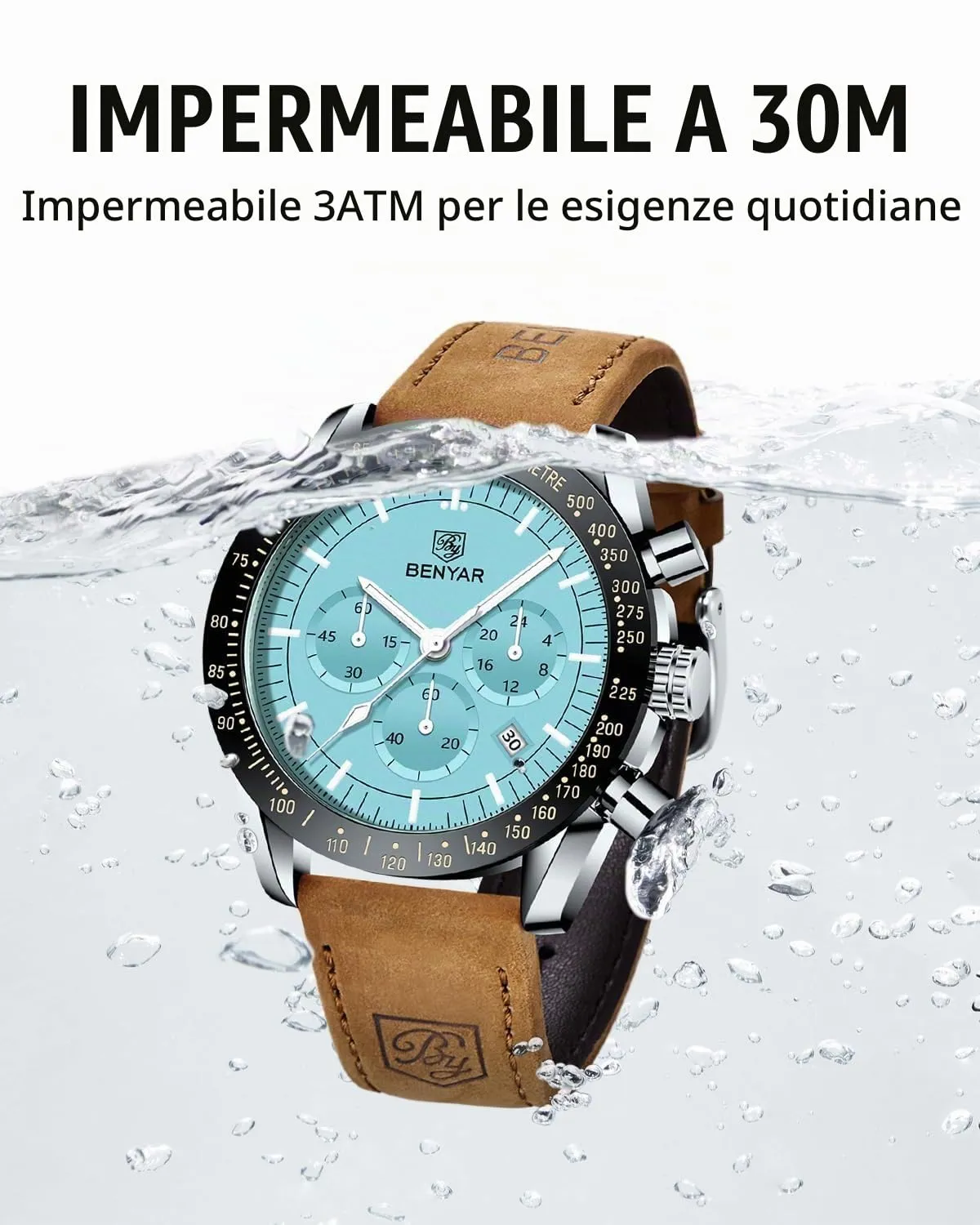 Benyar Orologio da Uomo Cronografo Analogico al Quarzo con Cinturino in Pelle, Impermeabile 30m, Azzurro - immagine 5