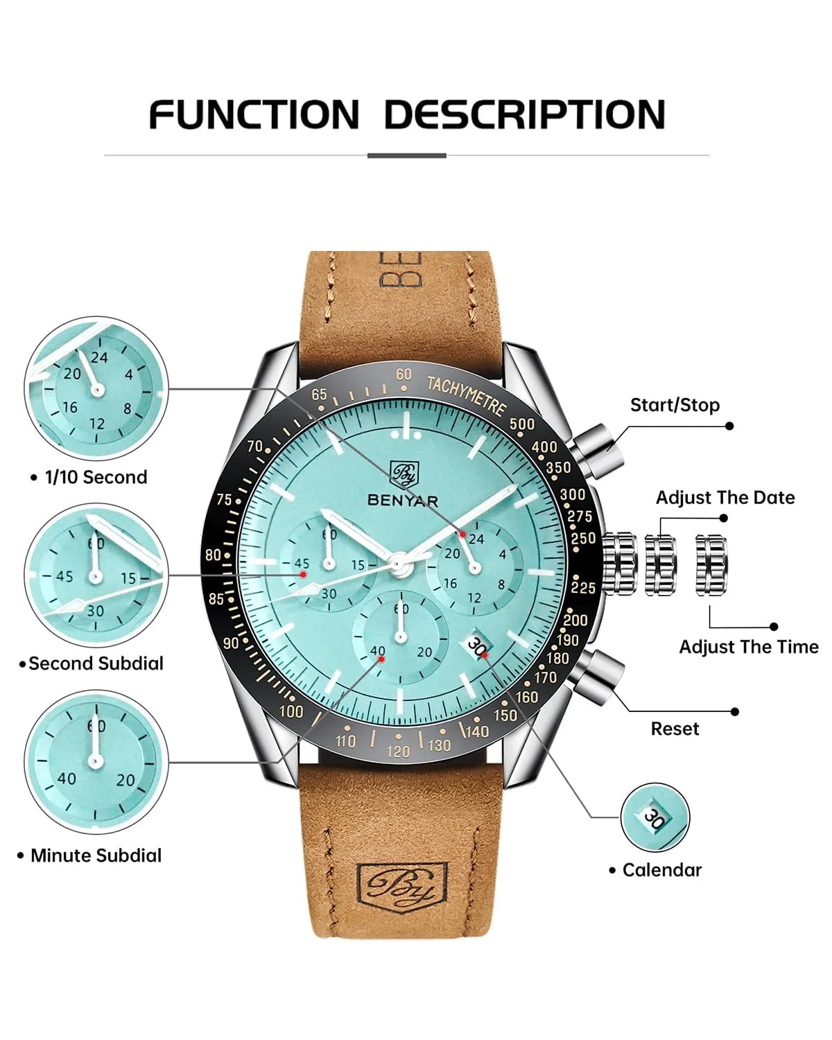 Benyar Orologio da Uomo Cronografo Analogico al Quarzo con Cinturino in Pelle, Impermeabile 30m, Azzurro - immagine 8