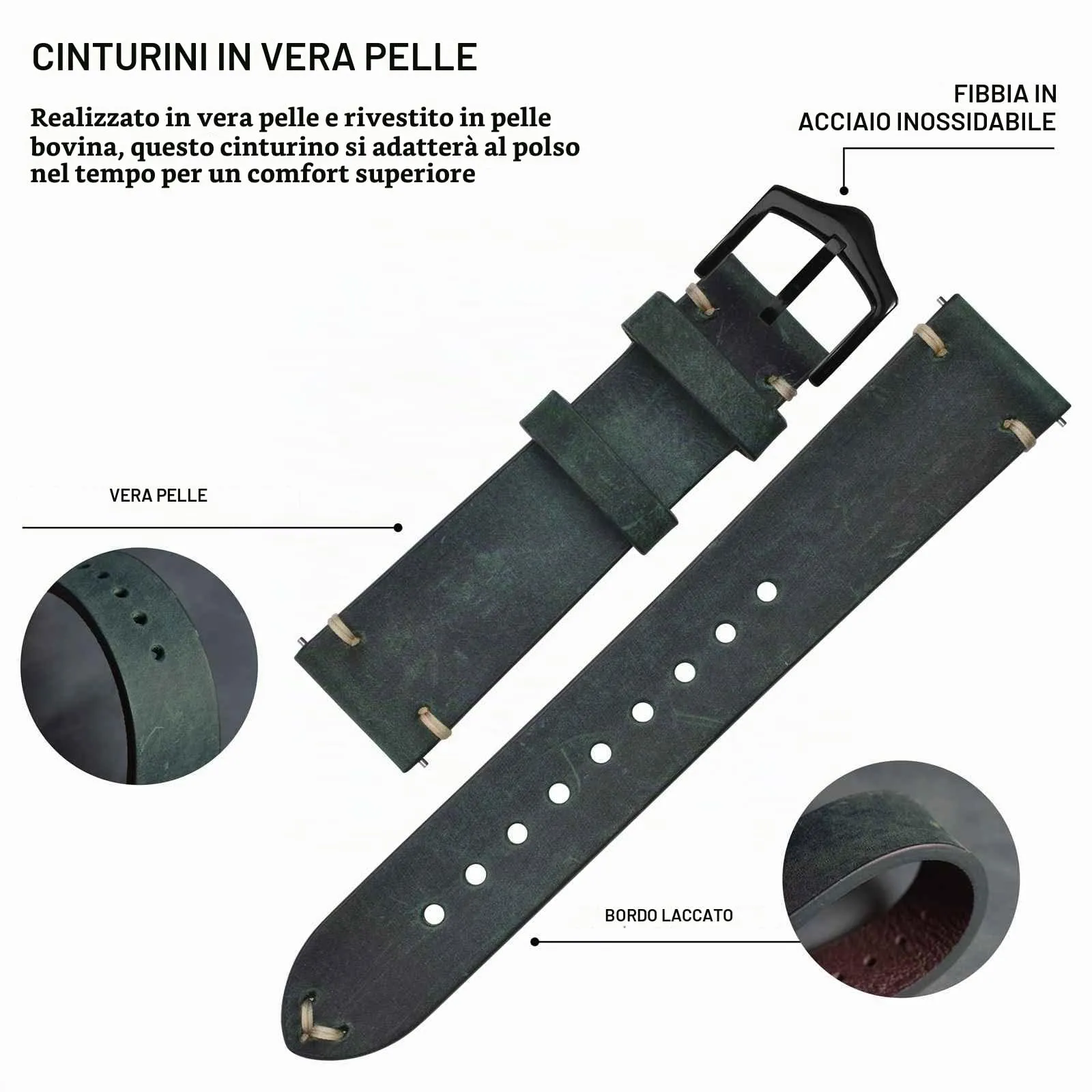 BISONSTRAP Cinturino in Pelle per Orologio da Uomo, Sgancio Rapido, 18mm, Verde con Fibbia Nera - immagine 4