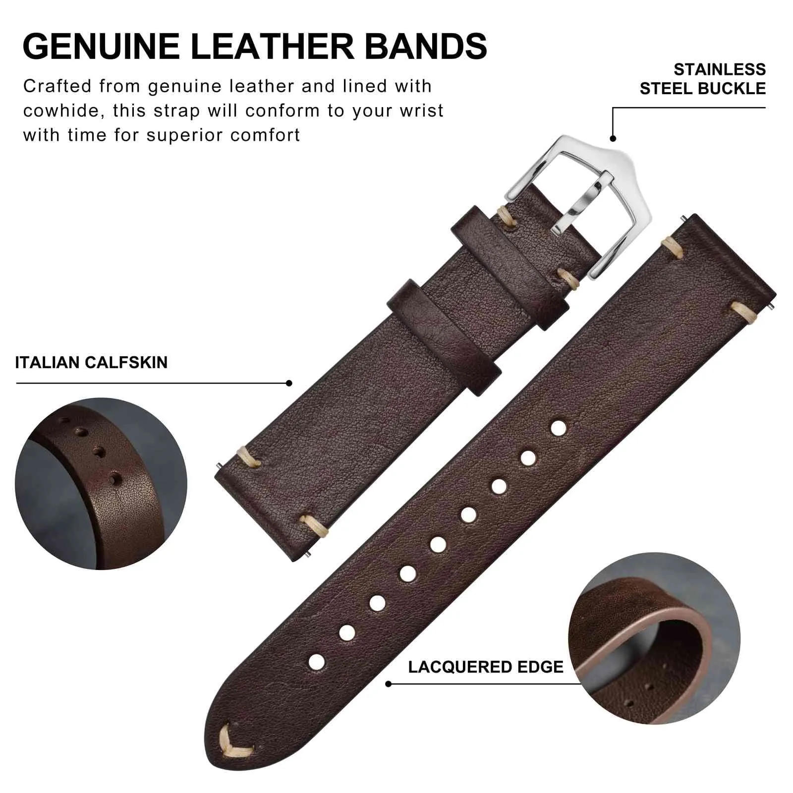 BISONSTRAP Cinturino in Pelle per Orologio da Uomo, Sgancio Rapido, 22mm, Marrone Caffè con Fibbia Argento - immagine 4