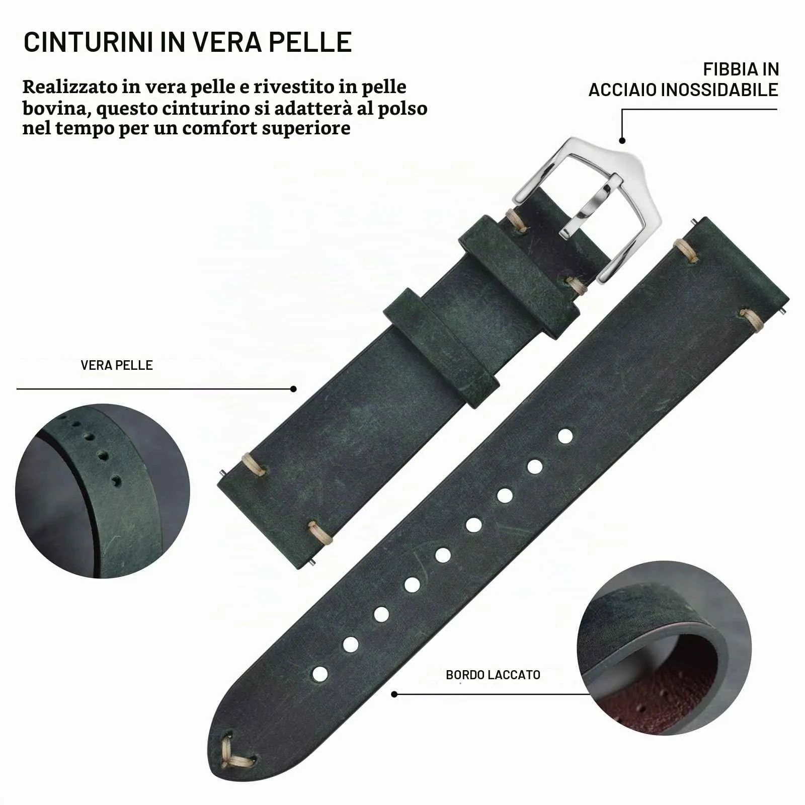 BISONSTRAP Cinturino in Pelle per Orologio Uomo, Sgancio Rapido, 22mm, Verde con Fibbia Argento - immagine 4