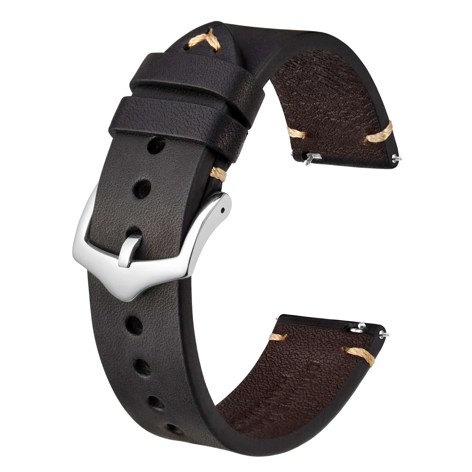 BISONSTRAP Cinturino in Pelle per Orologio Uomo, Sgancio Rapido, 18mm, Nero con Fibbia Argento - immagine 1