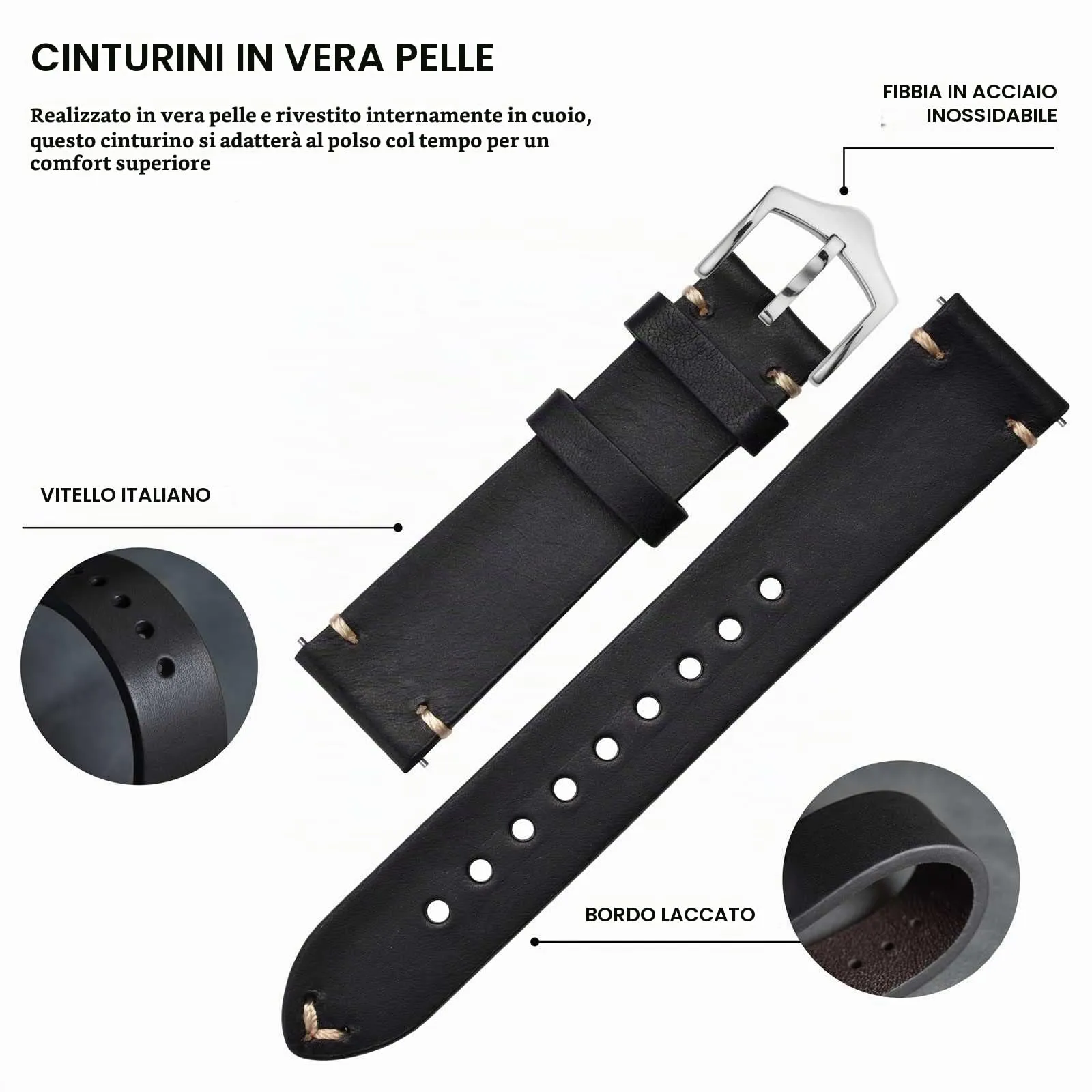 BISONSTRAP Cinturino in Pelle per Orologio Uomo, Sgancio Rapido, 18mm, Nero con Fibbia Argento - immagine 4