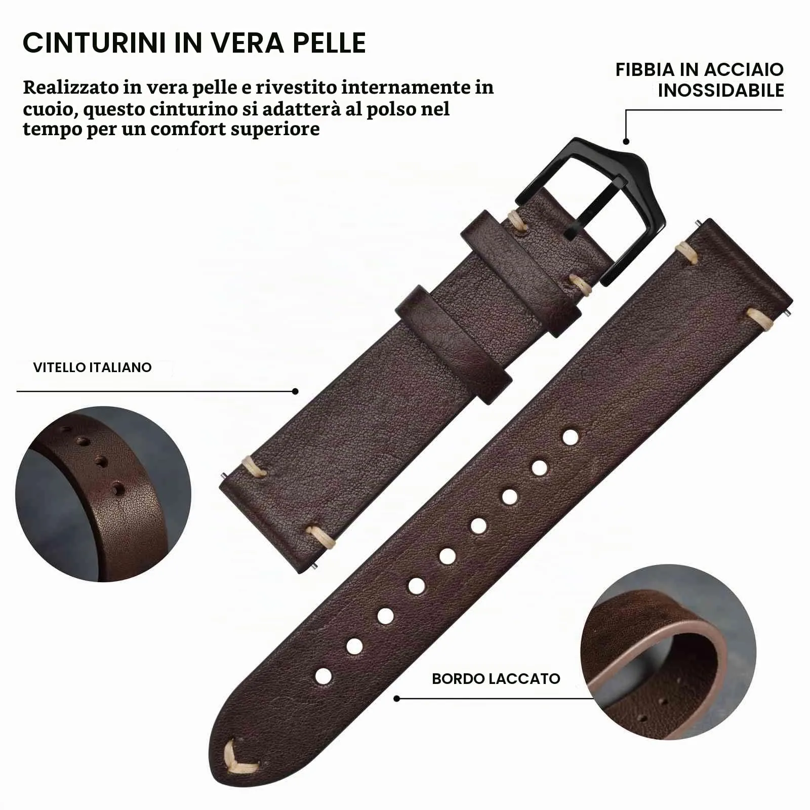 BISONSTRAP Cinturino in Pelle per Orologio Uomo, Sgancio Rapido, 18mm, Marrone Caffè con Fibbia Nera - immagine 4