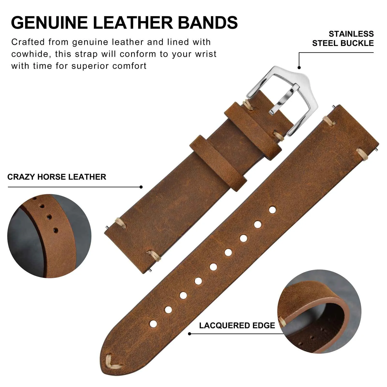 BISONSTRAP Cinturino in Pelle per Orologio da Uomo, Sgancio Rapido, 22mm, Marrone Sella con Fibbia Argento - immagine 4