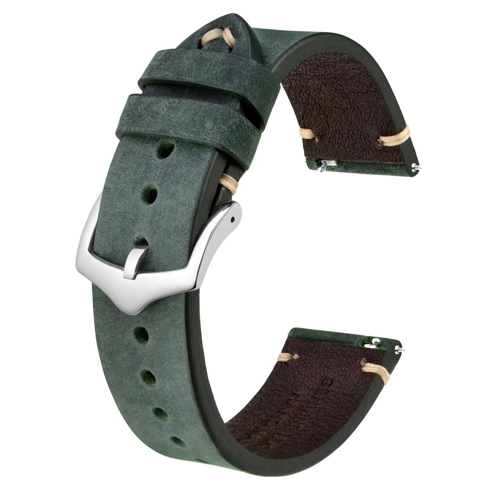BISONSTRAP Cinturino in Pelle per Orologio Uomo, Sgancio Rapido, 18mm, Verde con Fibbia Argento - immagine 1