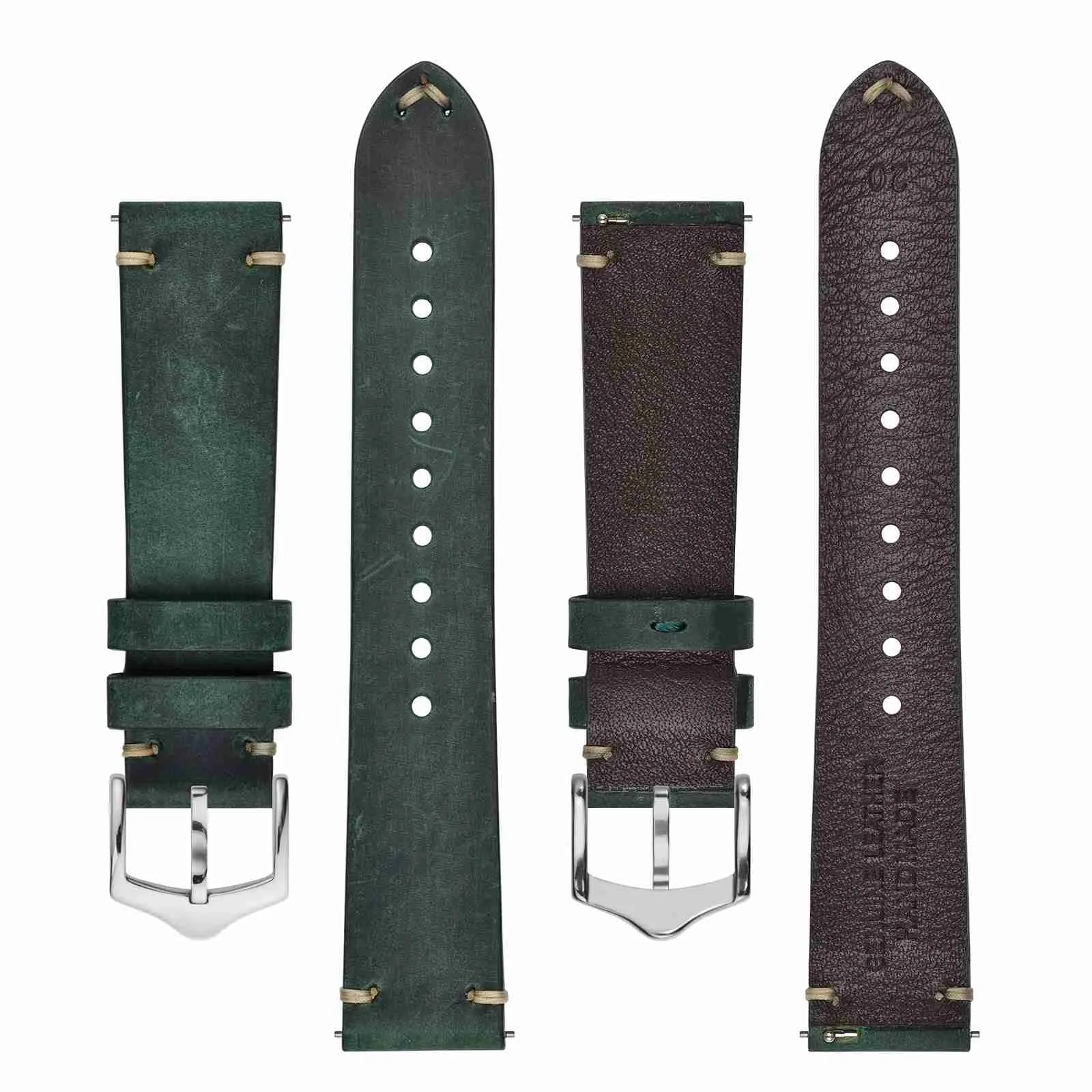 BISONSTRAP Cinturino in Pelle per Orologio Uomo, Sgancio Rapido, 20mm, Verde con Fibbia Argento - immagine 3