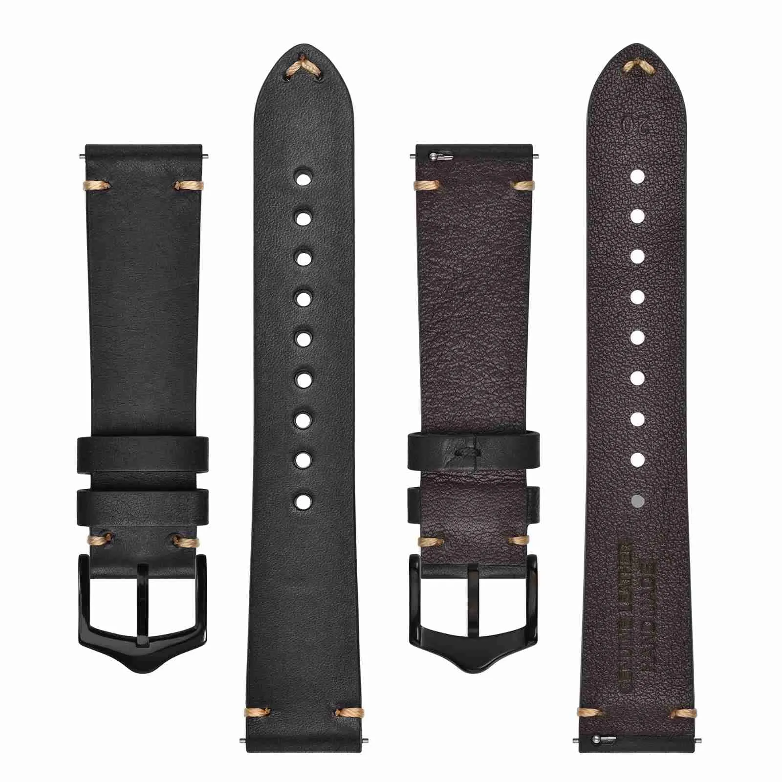 BISONSTRAP Cinturino in Pelle per Orologi da Uomo, Sgancio Rapido, 22mm, Nero con Fibbia Nera - immagine 3