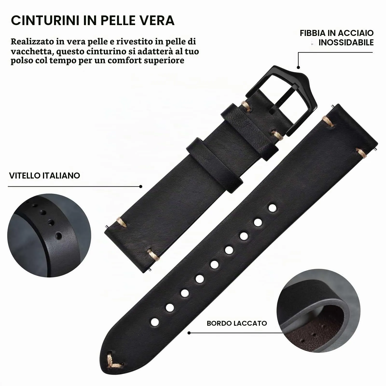 BISONSTRAP Cinturino in Pelle per Orologi da Uomo, Sgancio Rapido, 22mm, Nero con Fibbia Nera - immagine 4