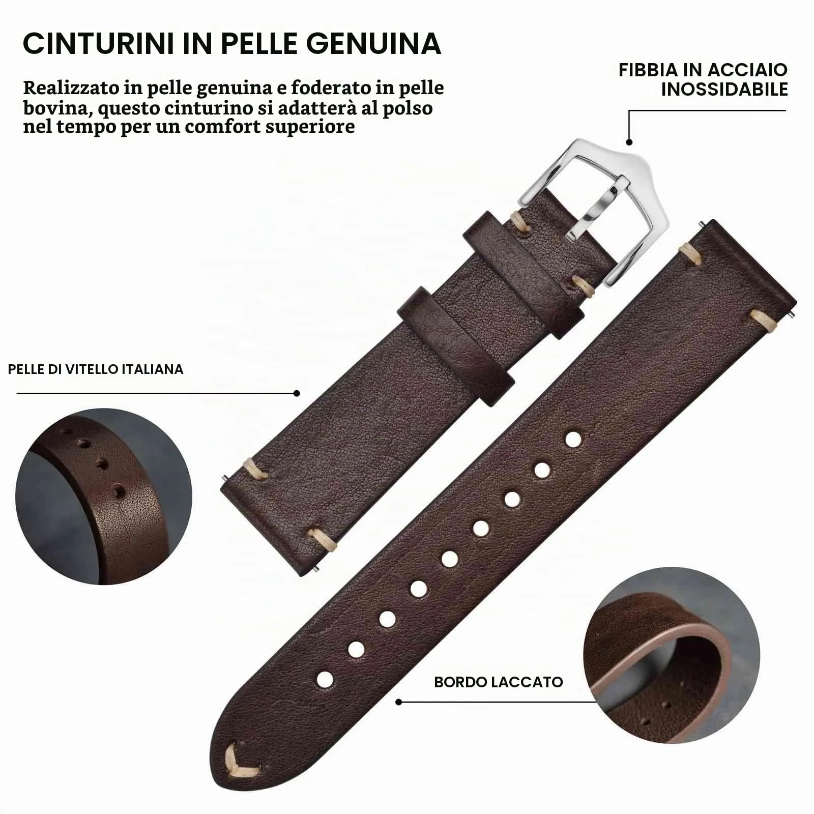 BISONSTRAP Cinturino in Pelle per Orologio Uomo, Sgancio Rapido, 20mm, Marrone Caffè con Fibbia Argento - immagine 4