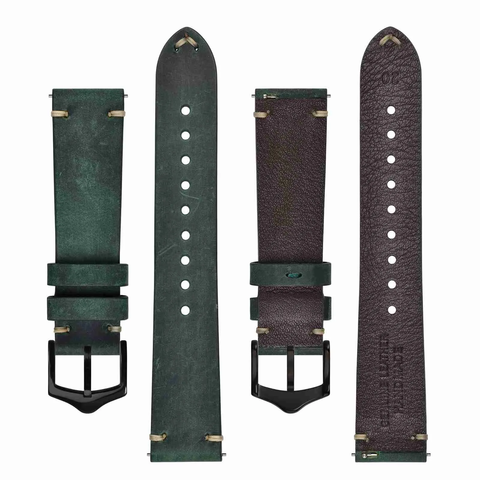 BISONSTRAP Cinturino in Pelle per Orologio da Uomo, Sgancio Rapido, 20mm, Verde con Fibbia Nera - immagine 3