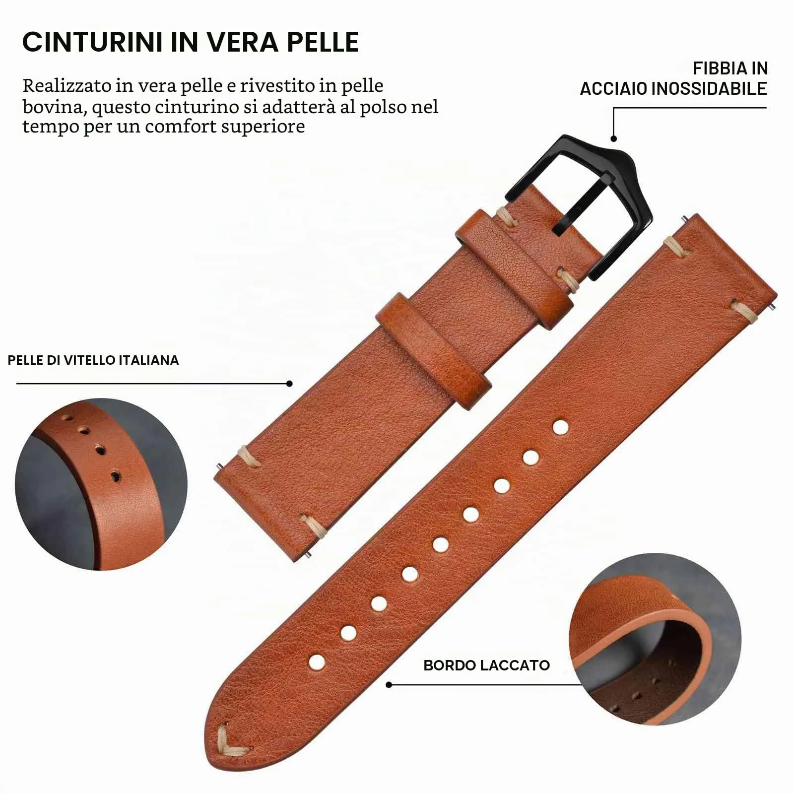 BISONSTRAP Cinturino in Pelle per Orologi da Uomo, Sgancio Rapido, 20mm, Marrone Toffee con Fibbia Nera - immagine 4