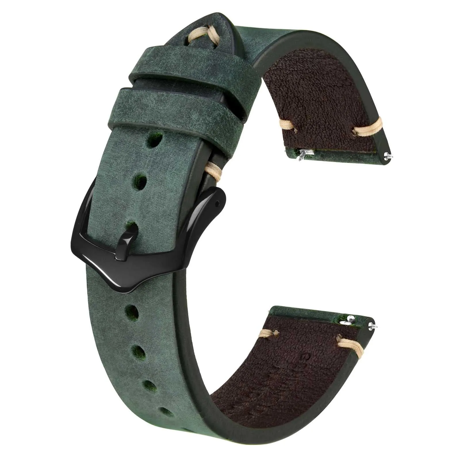 BISONSTRAP Cinturino in Pelle Crazy Horse per Orologi da Uomo, Sgancio Rapido, 22mm, Verde con Fibbia Nera - immagine 1
