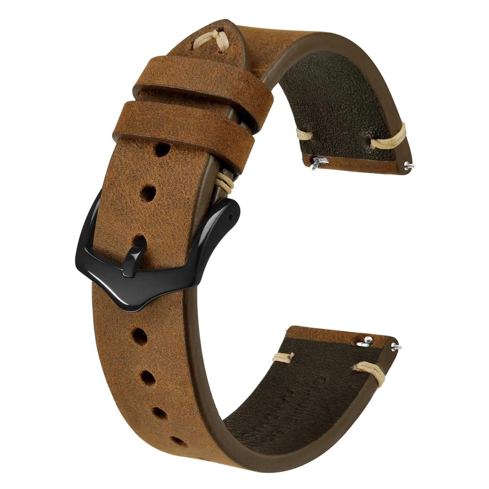 BISONSTRAP Cinturino in Pelle per Orologio da Uomo, Sgancio Rapido, 20mm, Marrone Sella con Fibbia Nera - immagine 1