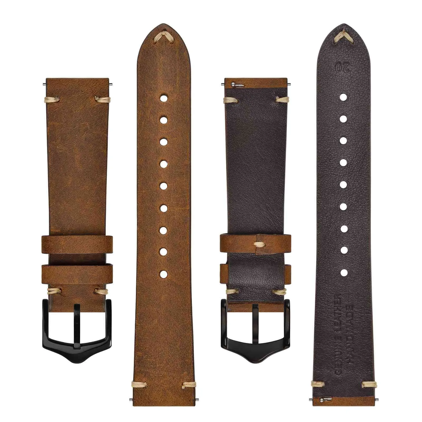 BISONSTRAP Cinturino in Pelle per Orologio da Uomo, Sgancio Rapido, 20mm, Marrone Sella con Fibbia Nera - immagine 3