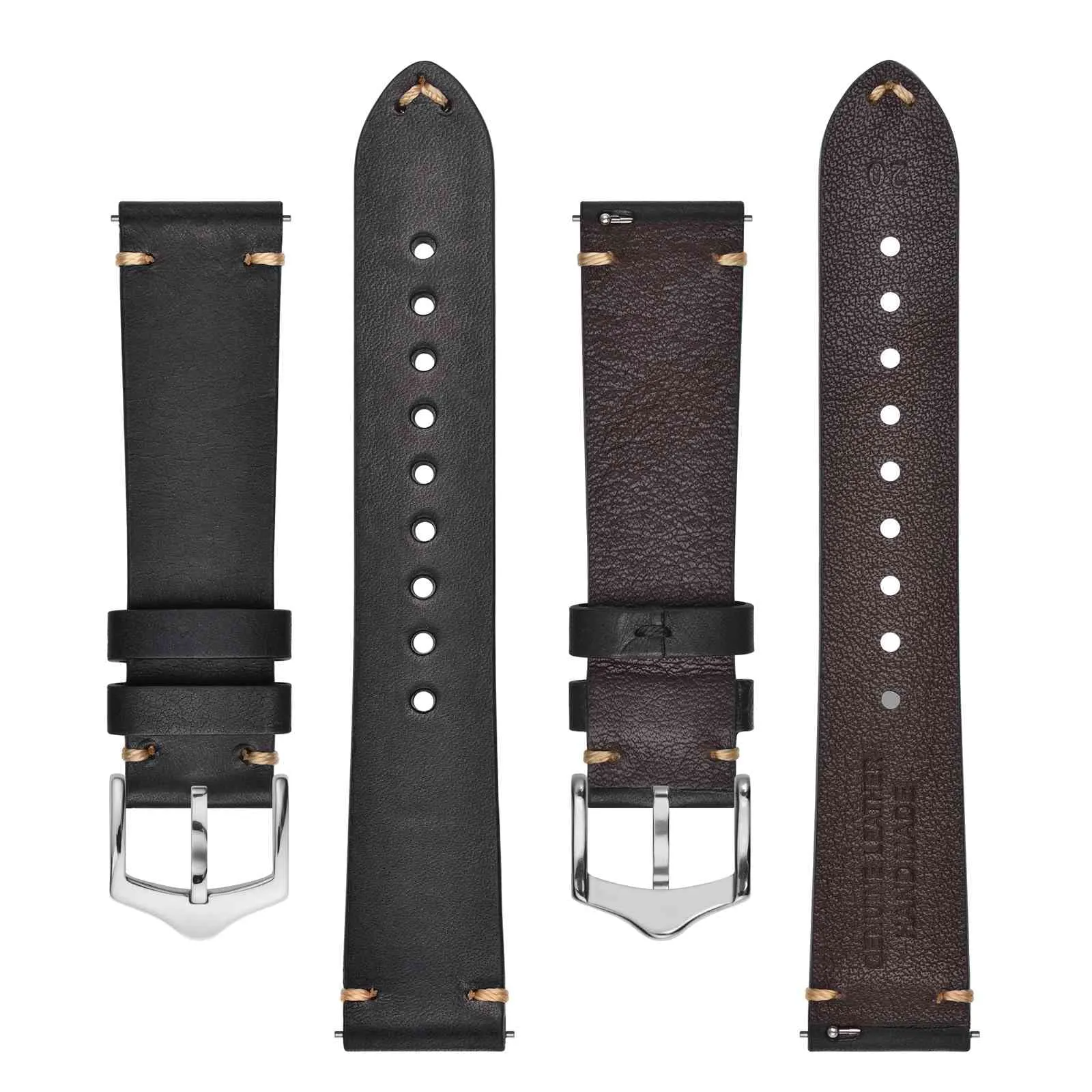 BISONSTRAP Cinturino in Pelle per Orologio Uomo, Sgancio Rapido, 20mm, Nero con Fibbia Argento - immagine 3