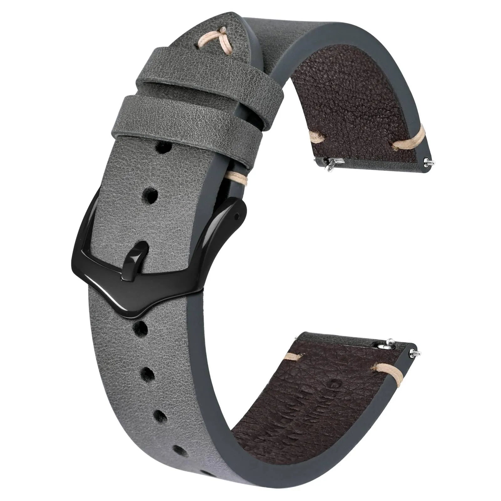 BISONSTRAP Cinturino in Pelle per Orologi da Uomo, Sgancio Rapido, 18mm, Grigio con Fibbia Nera - immagine 1