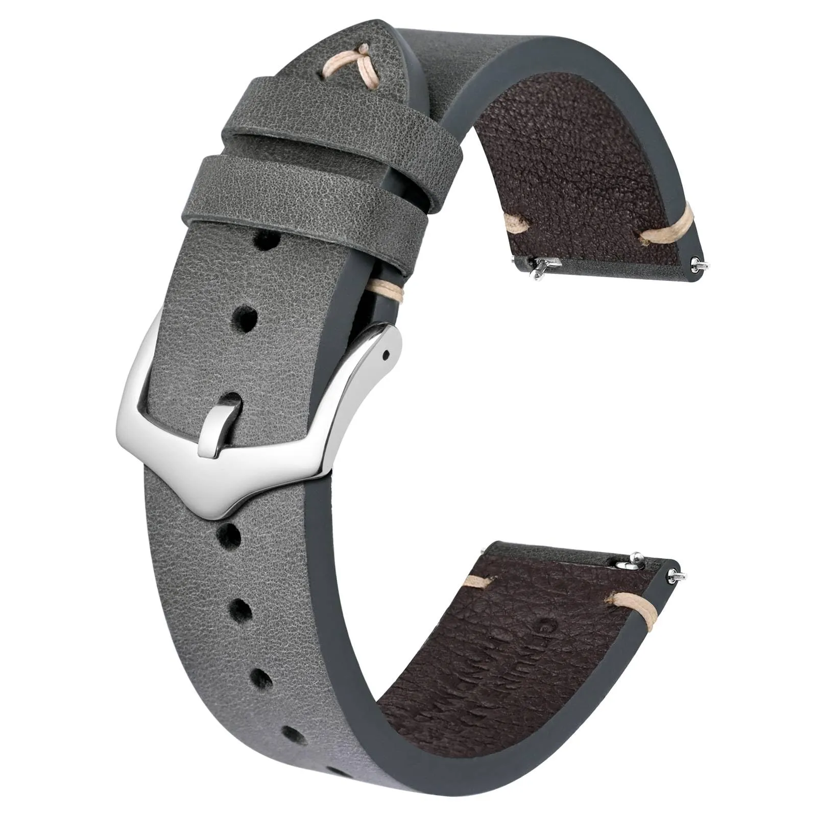 BISONSTRAP Cinturino in Pelle per Orologio da Uomo, Sgancio Rapido, 22mm, Grigio con Fibbia Argento - immagine 1
