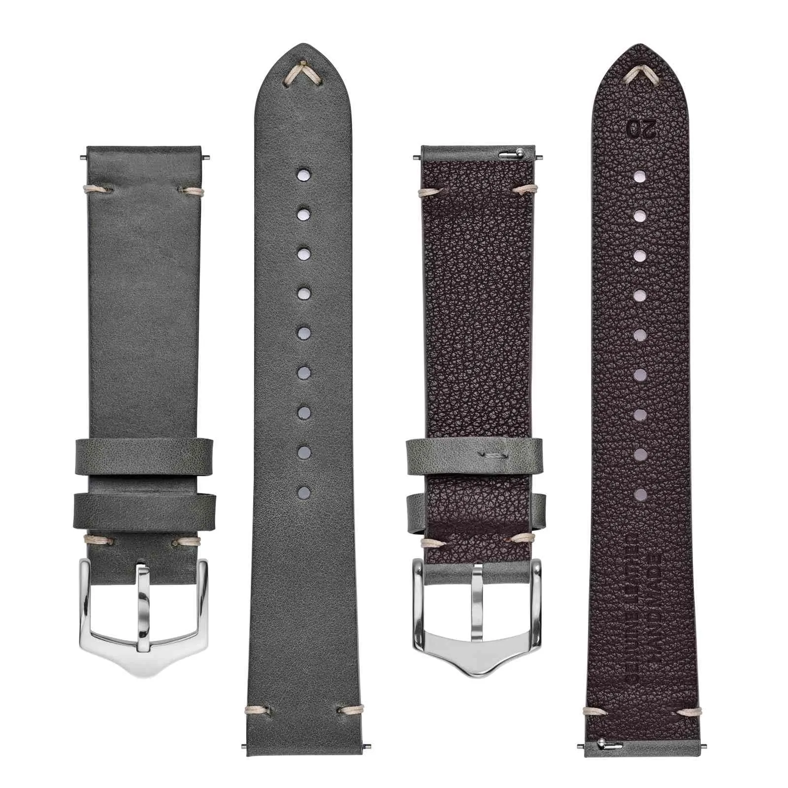 BISONSTRAP Cinturino in Pelle per Orologio da Uomo, Sgancio Rapido, 22mm, Grigio con Fibbia Argento - immagine 3