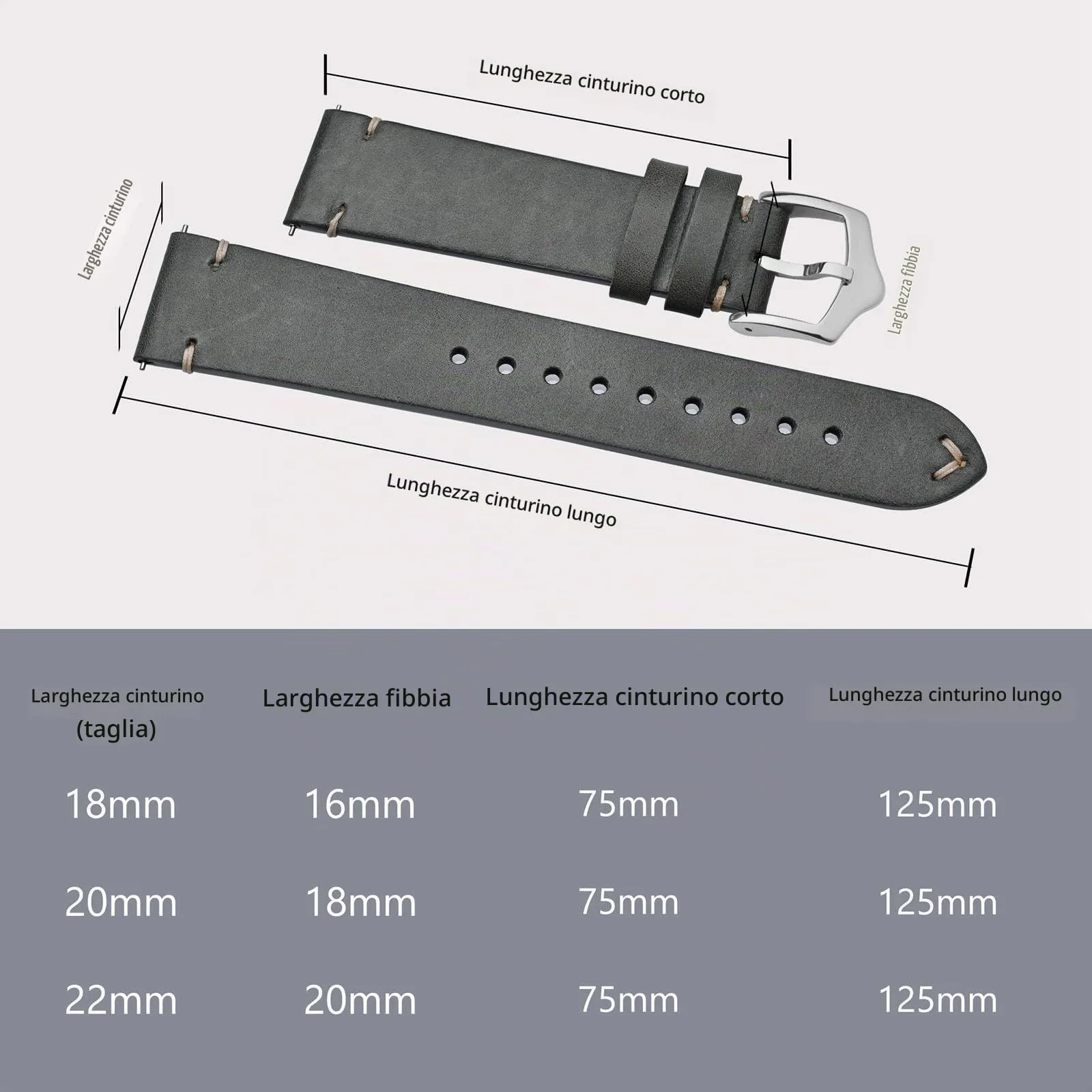 BISONSTRAP Cinturino in Pelle per Orologio da Uomo, Sgancio Rapido, 22mm, Grigio con Fibbia Argento - immagine 8