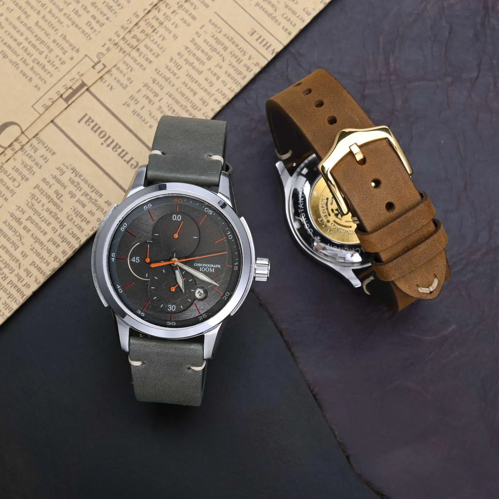 BISONSTRAP Cinturino in Pelle per Orologi da Uomo, Sgancio Rapido, 18mm, Grigio con Fibbia Argento - immagine 2
