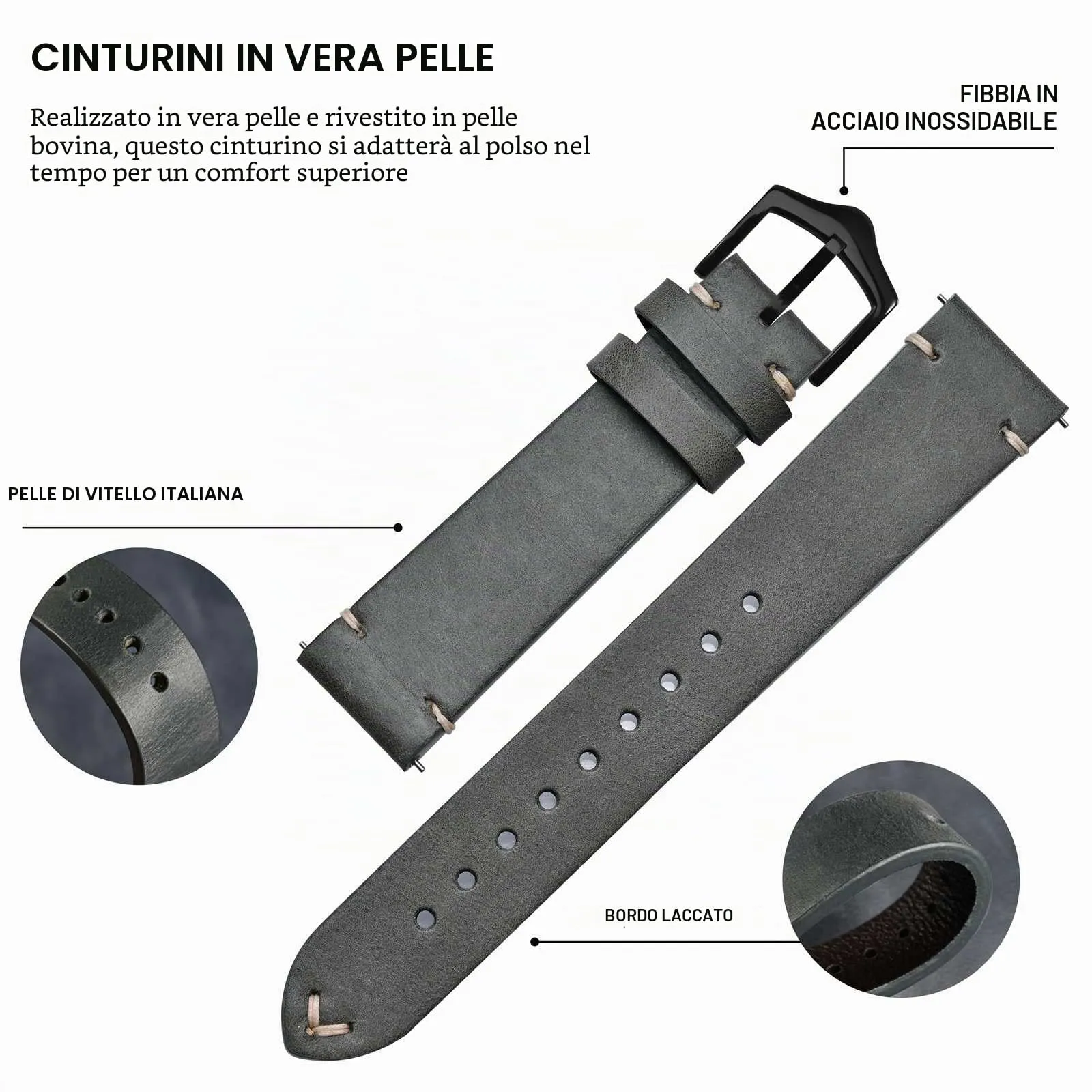 BISONSTRAP Cinturino in Pelle per Orologio da Uomo, Sgancio Rapido, 20mm, Grigio con Fibbia Nera - immagine 4