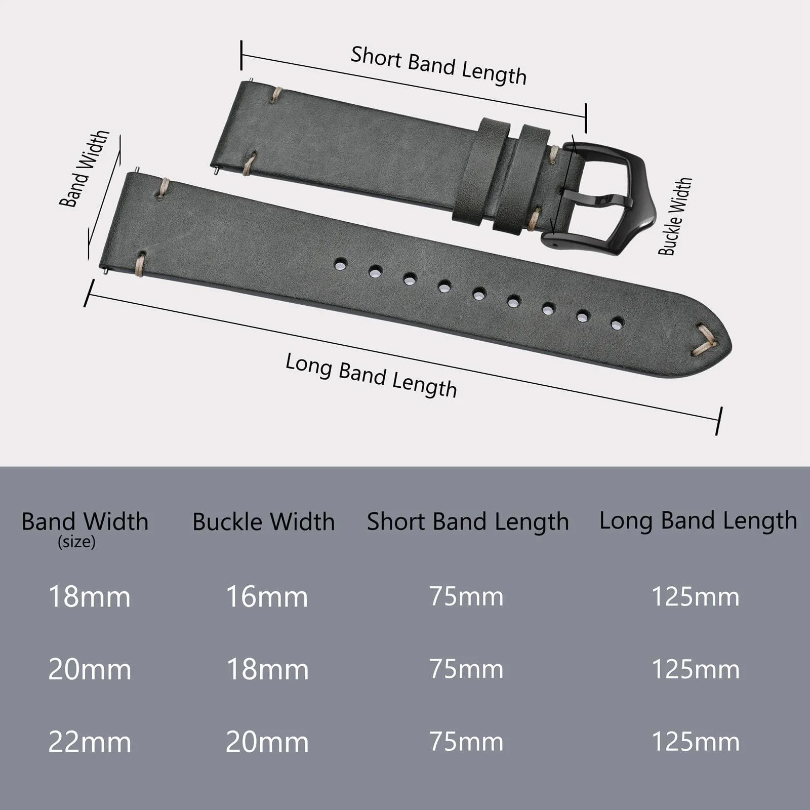 BISONSTRAP Cinturino in Pelle per Orologio da Uomo, Sgancio Rapido, 20mm, Grigio con Fibbia Nera - immagine 8
