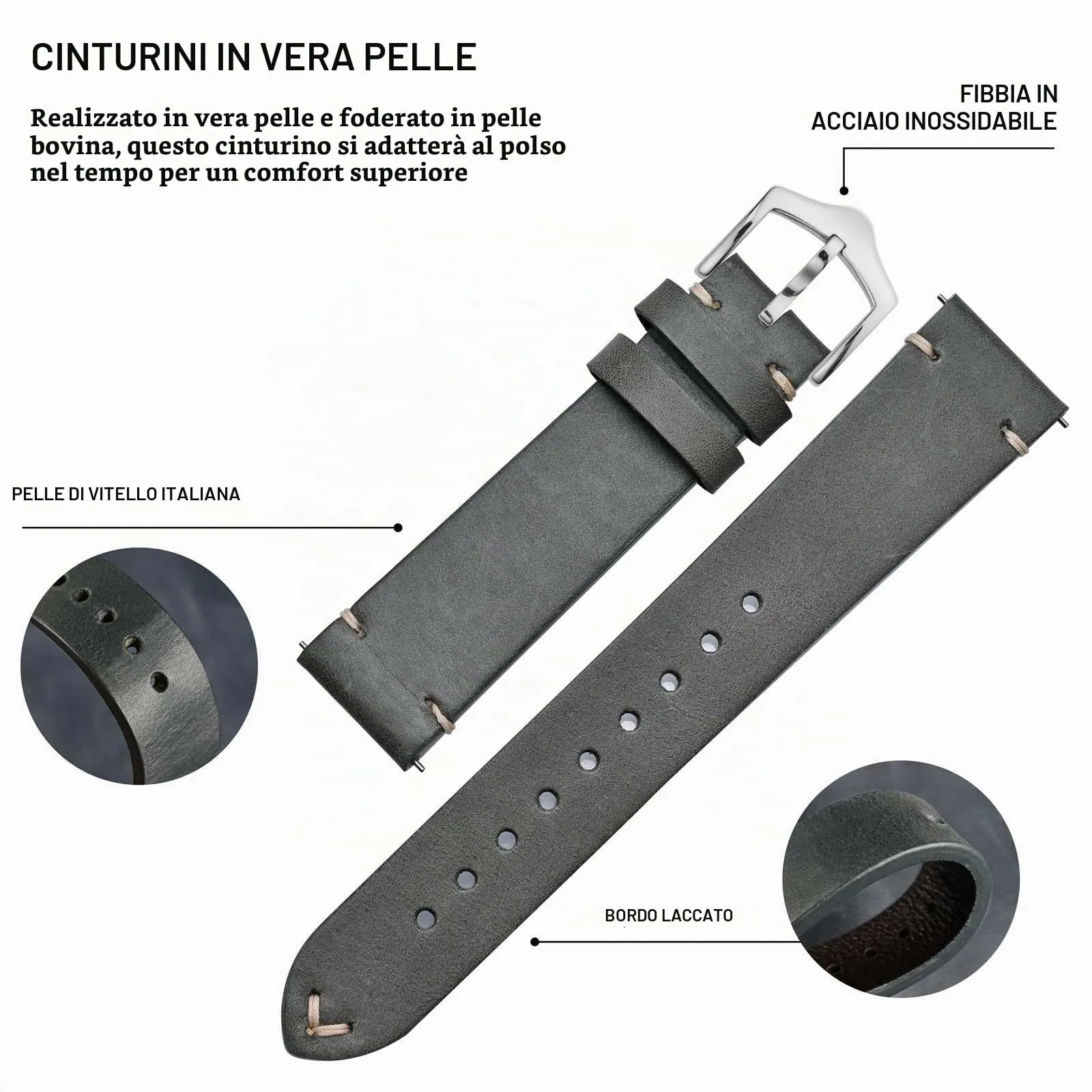 BISONSTRAP Cinturino in Pelle Cucito a Mano per Orologio da Uomo, Sgancio Rapido, 20mm, Grigio con Fibbia Argento - immagine 4