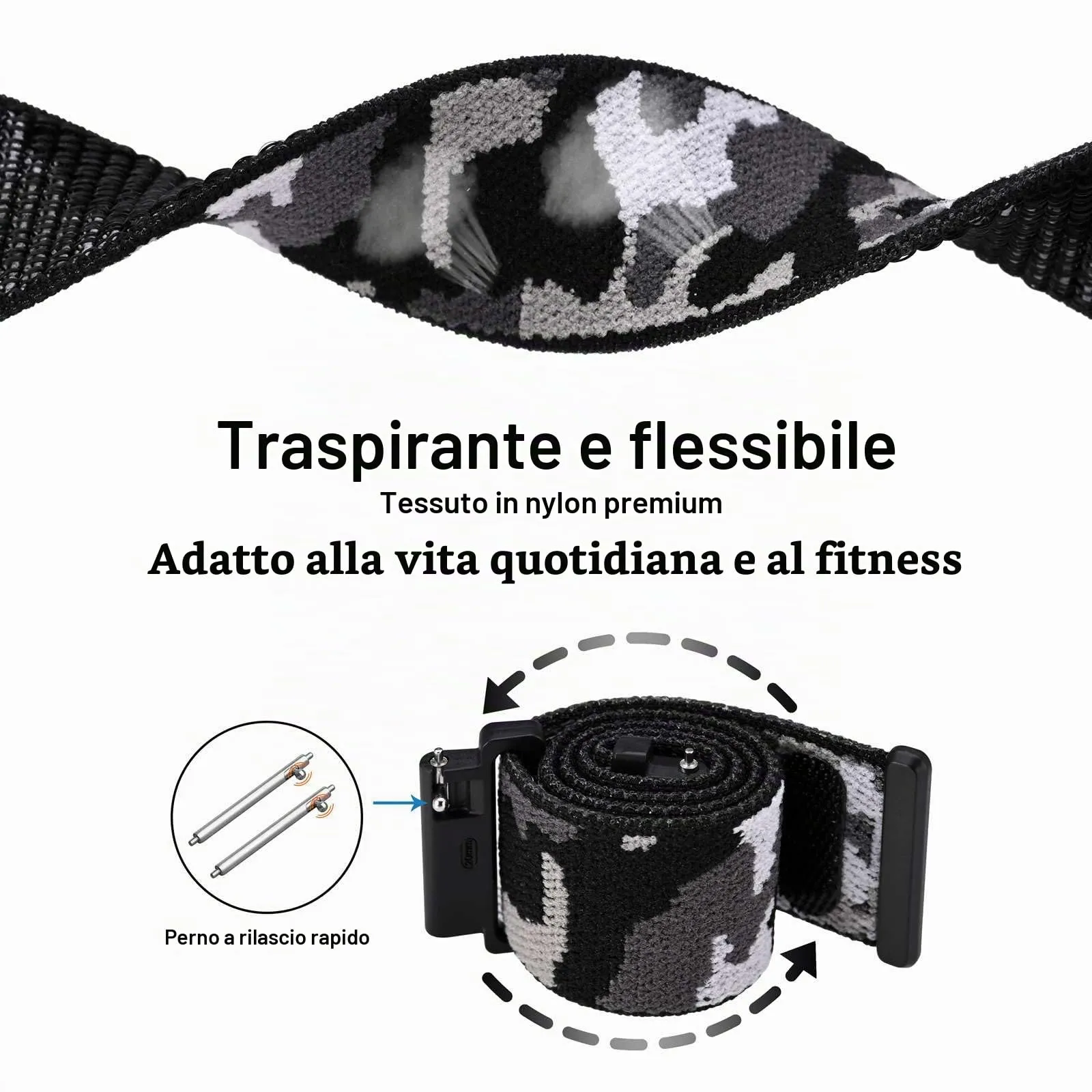 WOCCI Sportivo Cinturino in Nylon 18mm a Sgancio Rapido (Camo Nero) - immagine 3