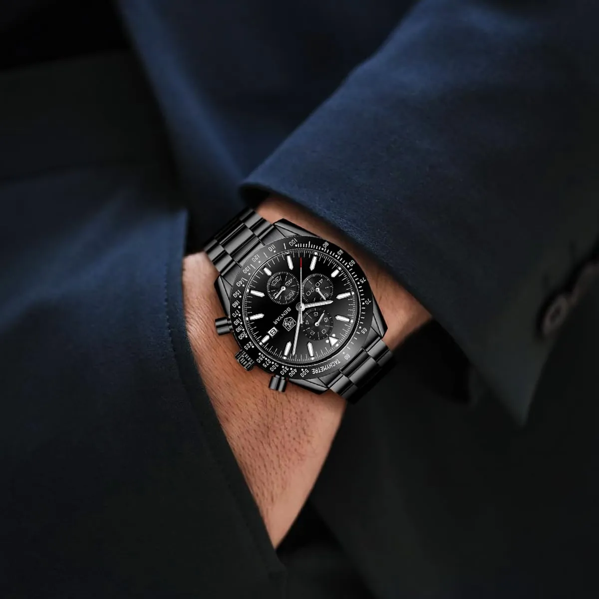 BENYAR Orologio da Uomo Cronografo Analogico al Quarzo Impermeabile LWBY5140SBLKBLK, Cassa Nera Cinturino Nero - immagine 3