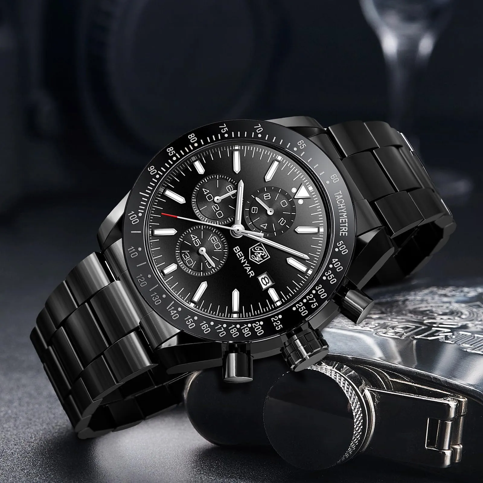 BENYAR Orologio da Uomo Cronografo Analogico al Quarzo Impermeabile LWBY5140SBLKBLK, Cassa Nera Cinturino Nero - immagine 4