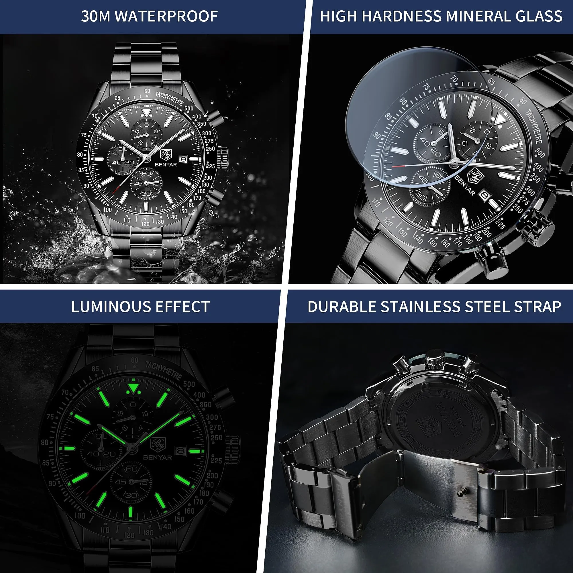 BENYAR Orologio da Uomo Cronografo Analogico al Quarzo Impermeabile LWBY5140SBLKBLK, Cassa Nera Cinturino Nero - immagine 5