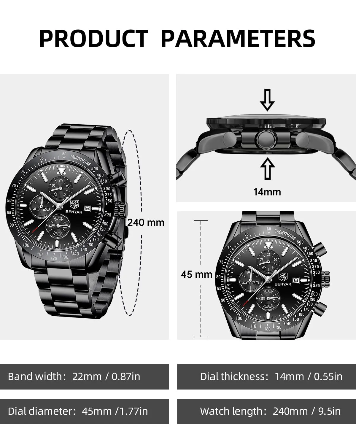 BENYAR Orologio da Uomo Cronografo Analogico al Quarzo Impermeabile LWBY5140SBLKBLK, Cassa Nera Cinturino Nero - immagine 6